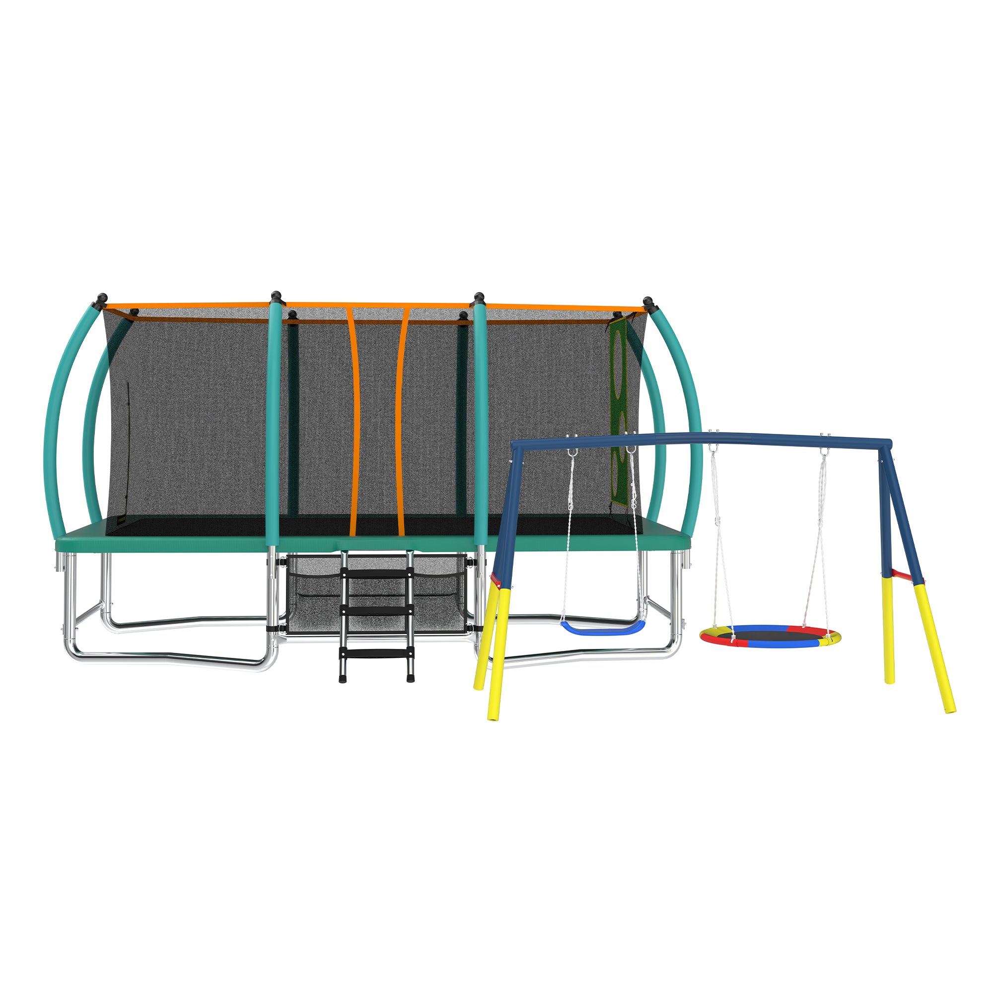 Mersco 10x16FT 4-in-1 Trampoline with Swing Set ,Enclosure Net, Recreational Trampoline, Outdoor Kids and Adults Trampoline for Backyard, Beach, Birthday Gifts ,Green