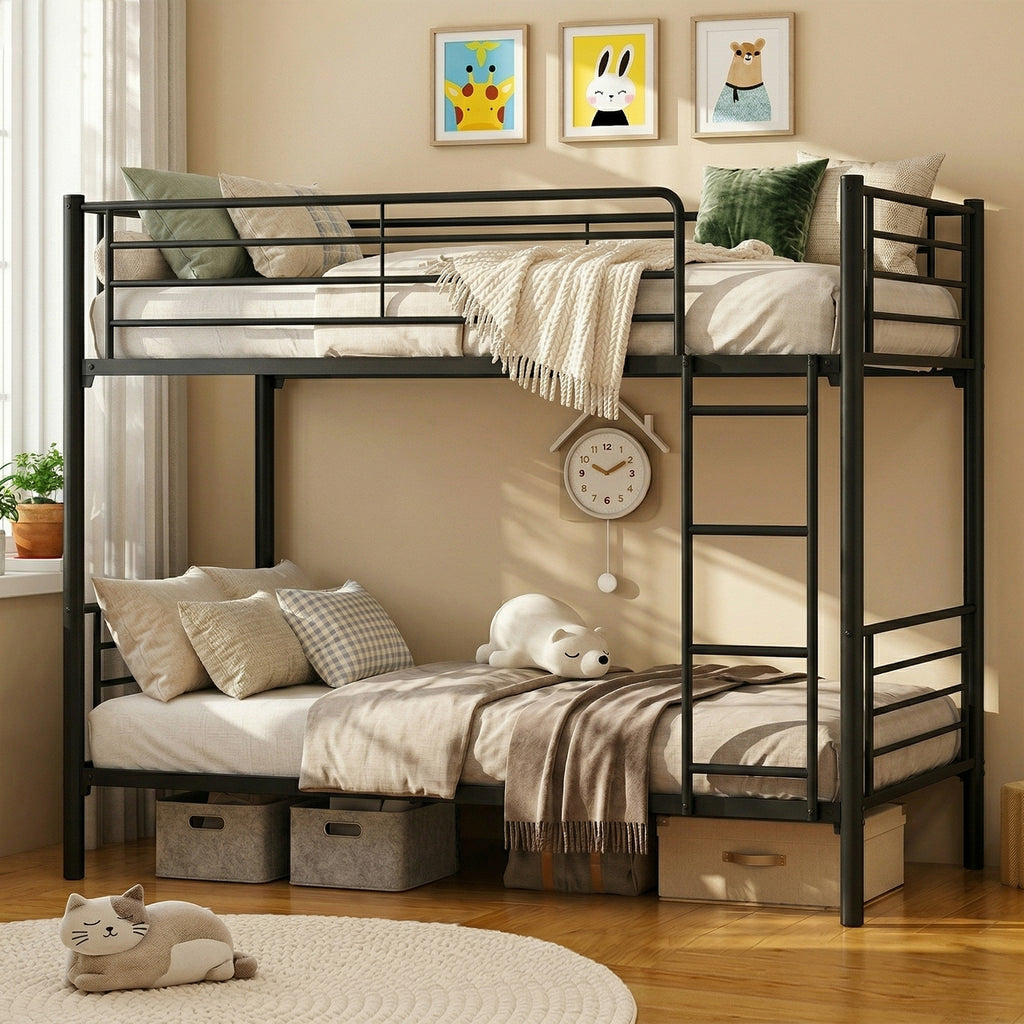 Uiowio Twin over Twin Metal Bunk Bed with Built-in Ladder & Safety Guardrail, Space-Saving Bunk Beds Frame with Storage for Bedroom & Dorm Room, Black