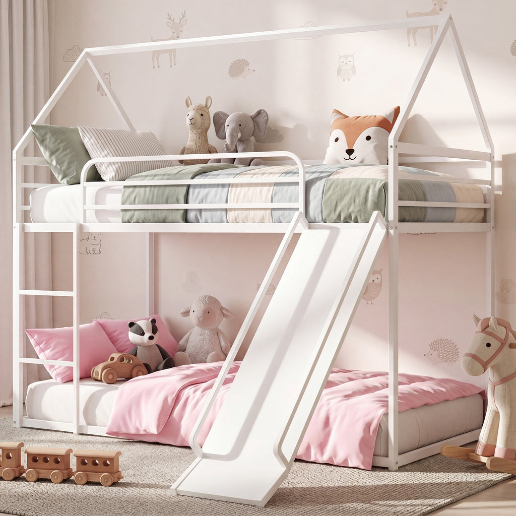 Uiowio Twin over Twin Bunk Bed with Stairs, Floor Bunk Bed Frame with Convertible Slide, Heavy Duty Metal Low Bed with House Shape and Roof, White