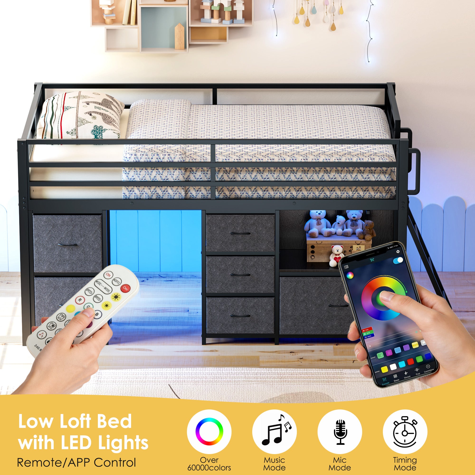 Kdymod Loft Bed Twin with 6 Storage Drawers & Shelf,Teens Adult Loft Bed with LED Lights & Play Curtain,Metal Twin Loft Storage Bed Frame with Ladder & Safety Guardrail for Bedroom Small Room