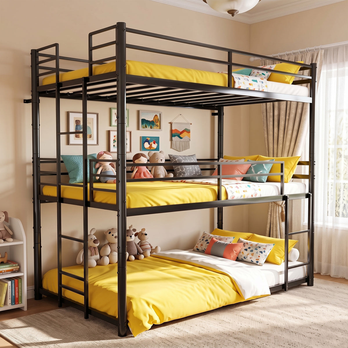 Kdymod Triple Bunk Bed Twin over Twin over Twin with Full-Length Guardrails & Reversible Ladder, Includes 3 Twin 6" Memory Foam Mattresses, Heavy-Duty Metal Bunk Bed Frame with Convertible Design