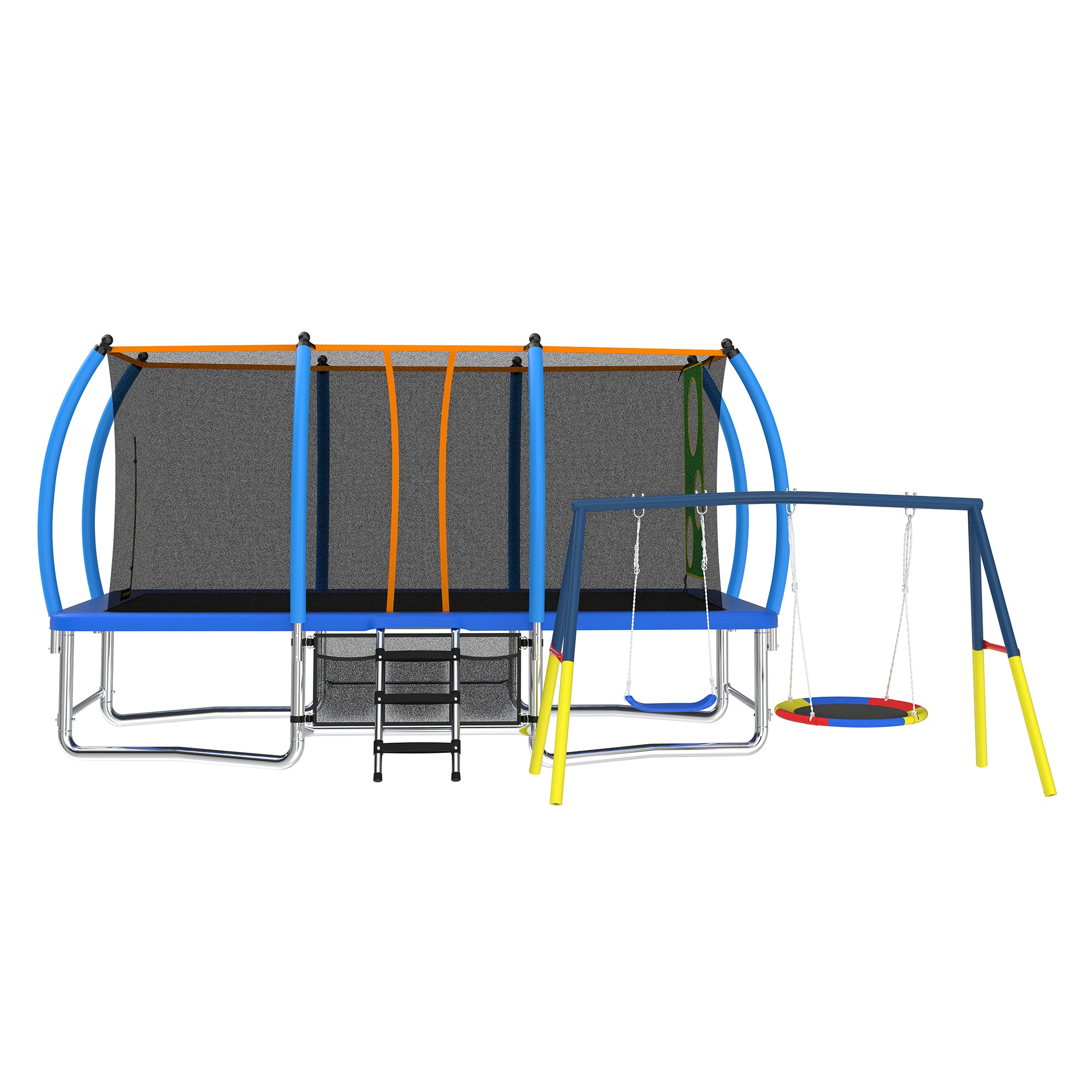 Mersco 8x14FT 4-in-1 Trampoline with Swing Set , Enclosure Net, Recreational Trampoline, Outdoor Kids and Adults Trampoline for Backyard, Beach, Birthday Gifts,Blue