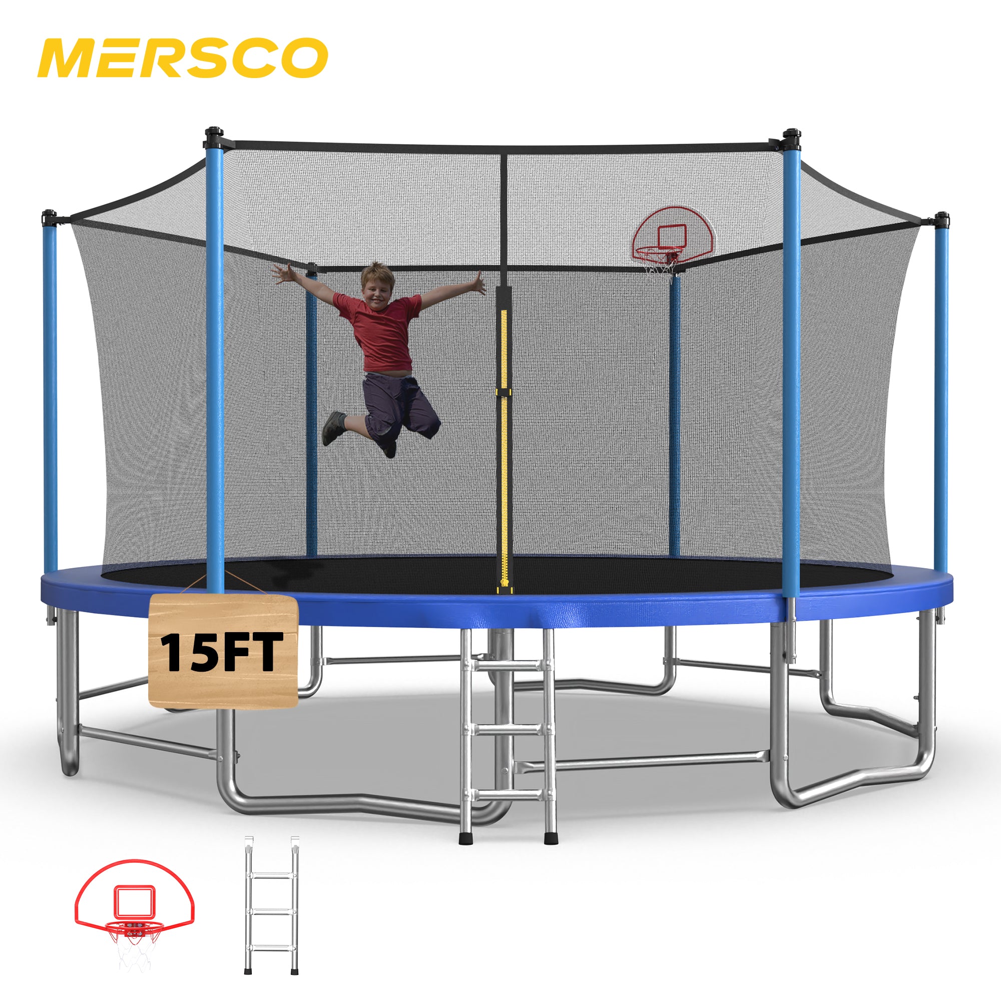 Mersco 15ft Trampoline for Kids Adults,Outdoor Upright-Poled Trampoline with Enclosure,Basketball Hoop and Ladder,Jumping Trampoline PLAY for Boys and Girls Birthday Gift ,Blue