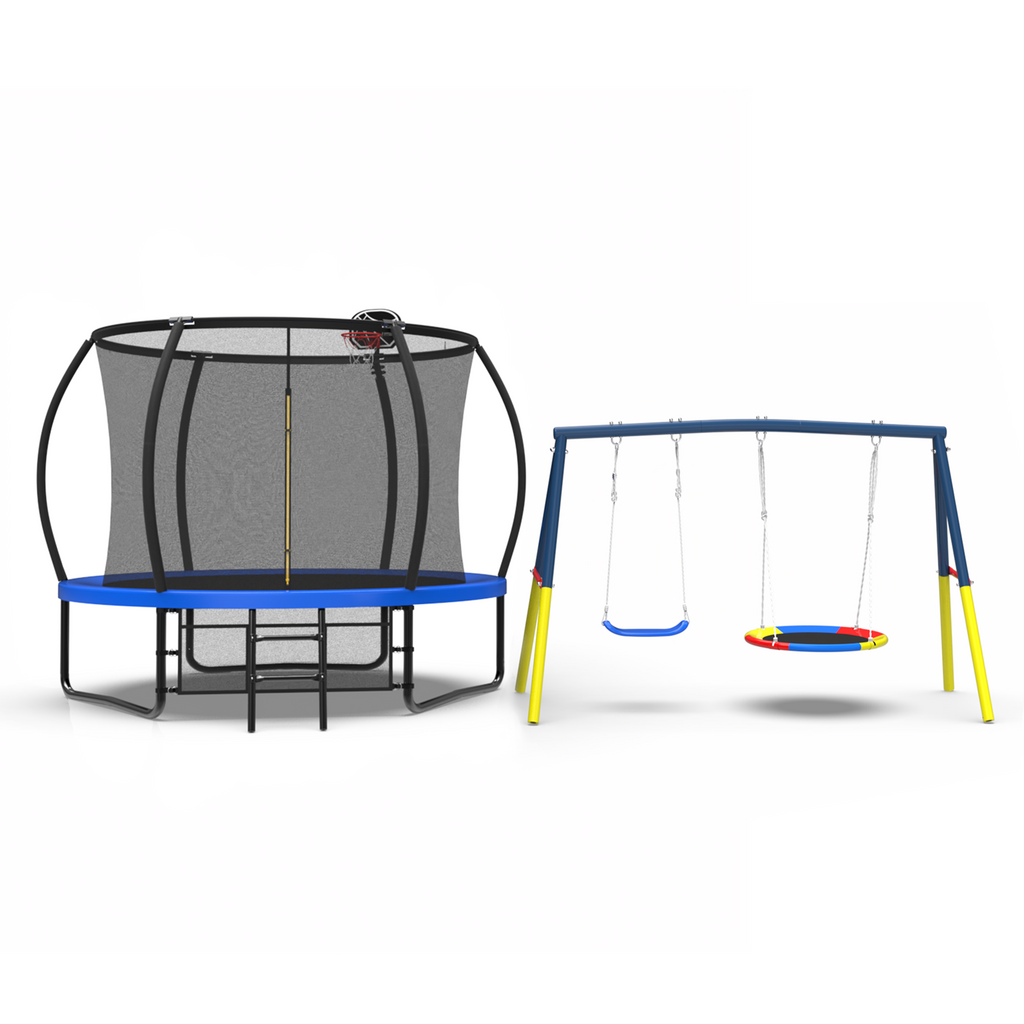 Mersco 10FT Heavy Duty Trampoline with Enclosure Net ,Swing Set Outdoor Big Trampoline for Backyard, Kids Trampoline with Basketball Hoop,Kids Birthday and Festival Gifts,Blue