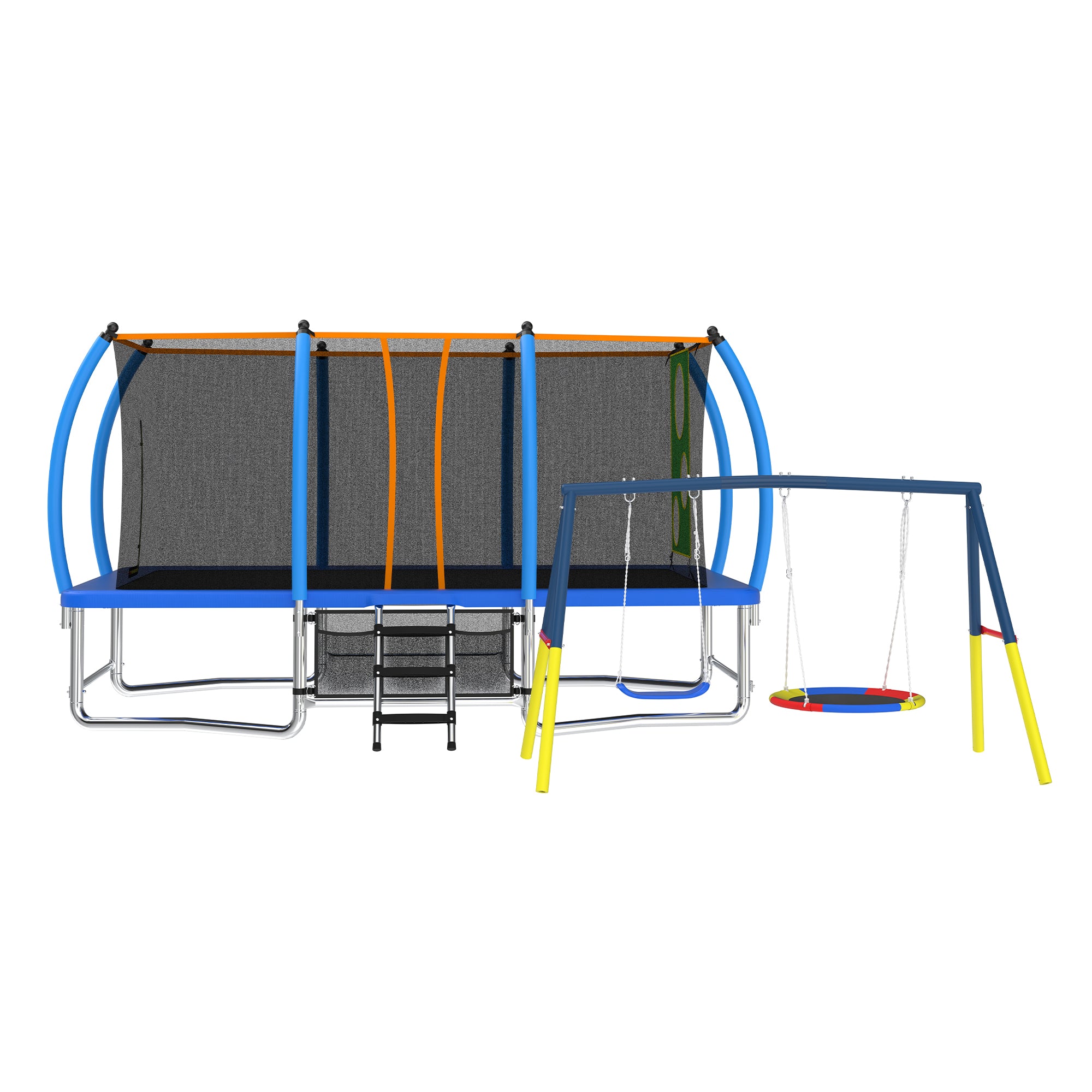 Mersco 10x16FT 4-in-1 Trampoline with Swing Set , Enclosure Net, Recreational Trampoline, Outdoor Kids and Adults Trampoline for Backyard, Beach, Birthday Gifts ,Blue