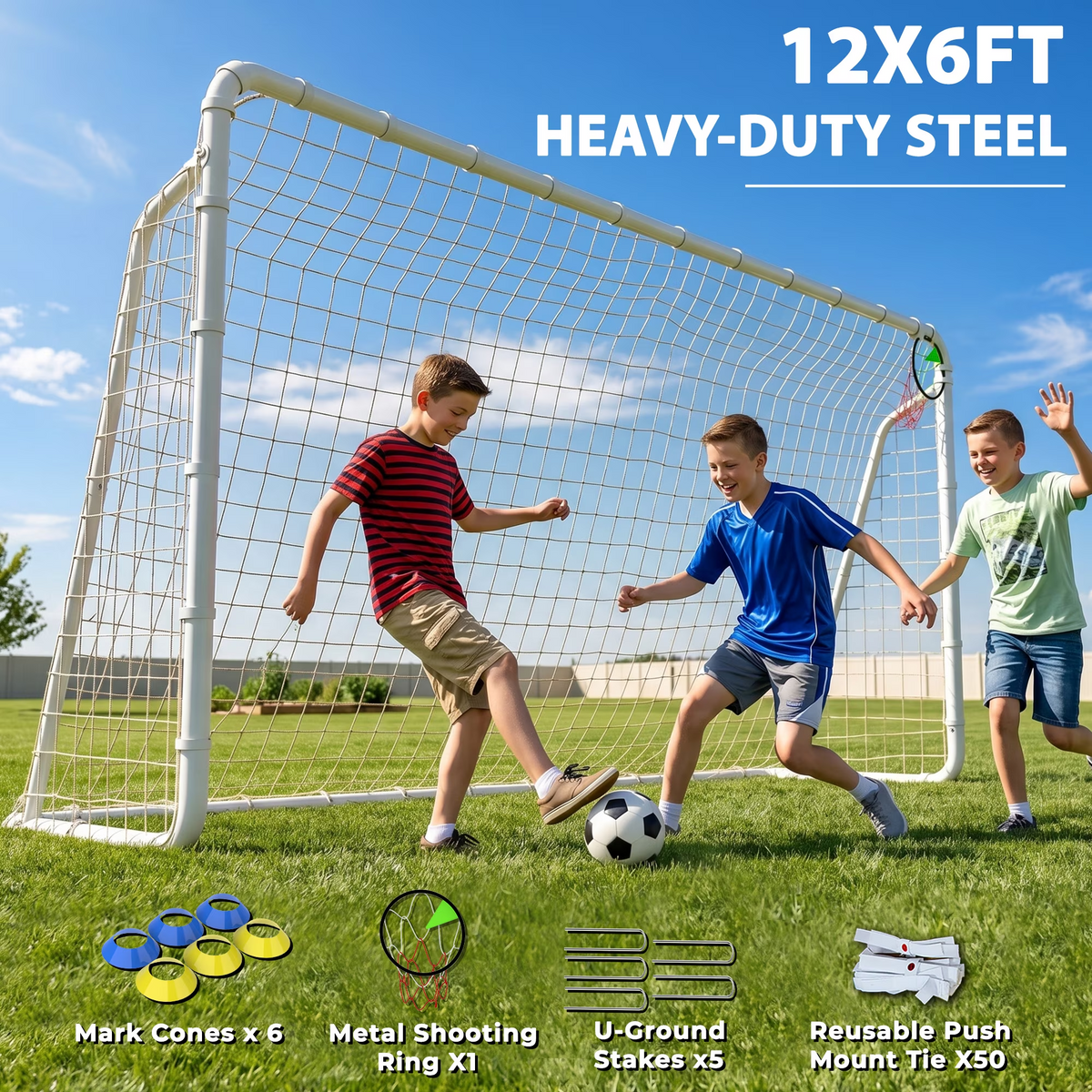 Kdymod 12×6 FT Soccer Goal for Backyard,Heavy-Duty Metal Soccer Net with Target Net,Outdoor Soccer Goal Soccer Equipment Set with 6 Soccer Cones & 5 Stakes for Kids and Adults ,White