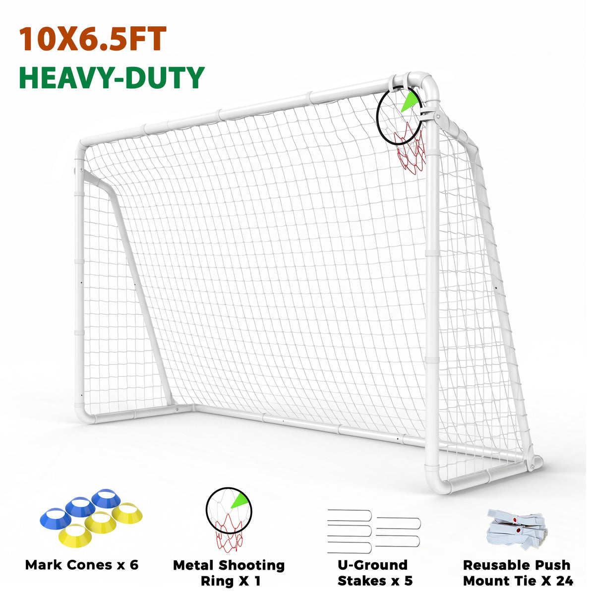 Mersco 10.5x6 FT Soccer Goal for Backyard,Heavy-Duty Metal Soccer Net,Outdoor Soccer Equipment Set, with 6 Soccer Cones & 5 Stakes, Soccer Goal for Kids and Adults,White