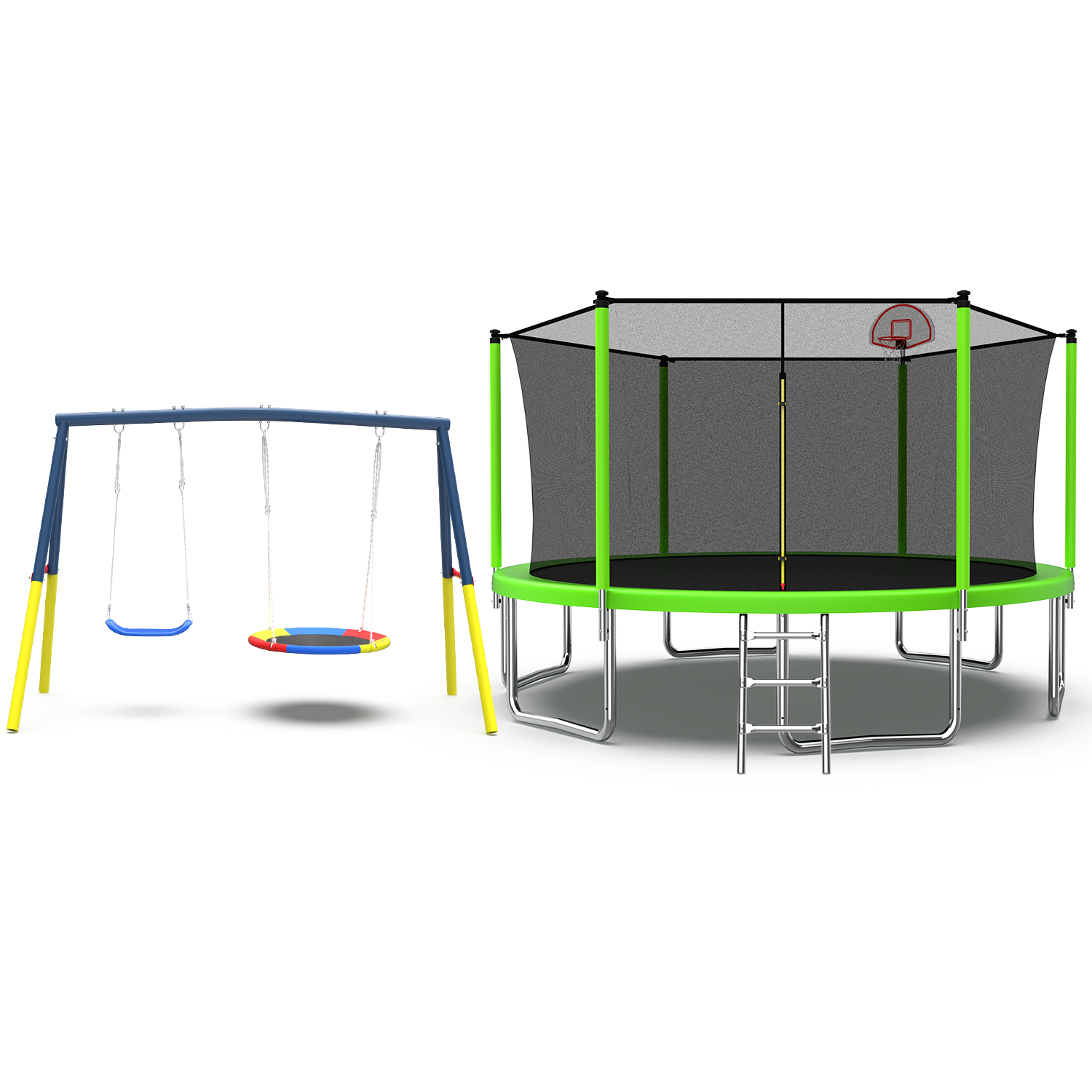 Mersco 14FT Heavy Duty Trampoline with Enclosure Net ,Swing Set Outdoor Big Trampoline for Backyard,Kids Trampoline with Basketball Hoop,Birthday and Holiday Gifts for Kids,Green