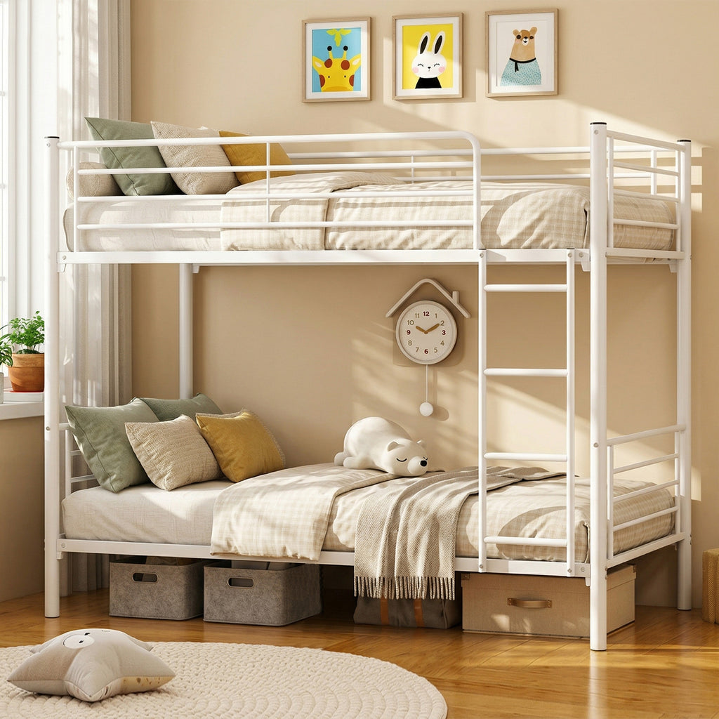 Uiowio Twin over Twin Metal Bunk Bed with Built-in Ladder & Safety Guardrail, Space-Saving Bunk Beds Frame with Storage for Bedroom & Dorm Room, Black