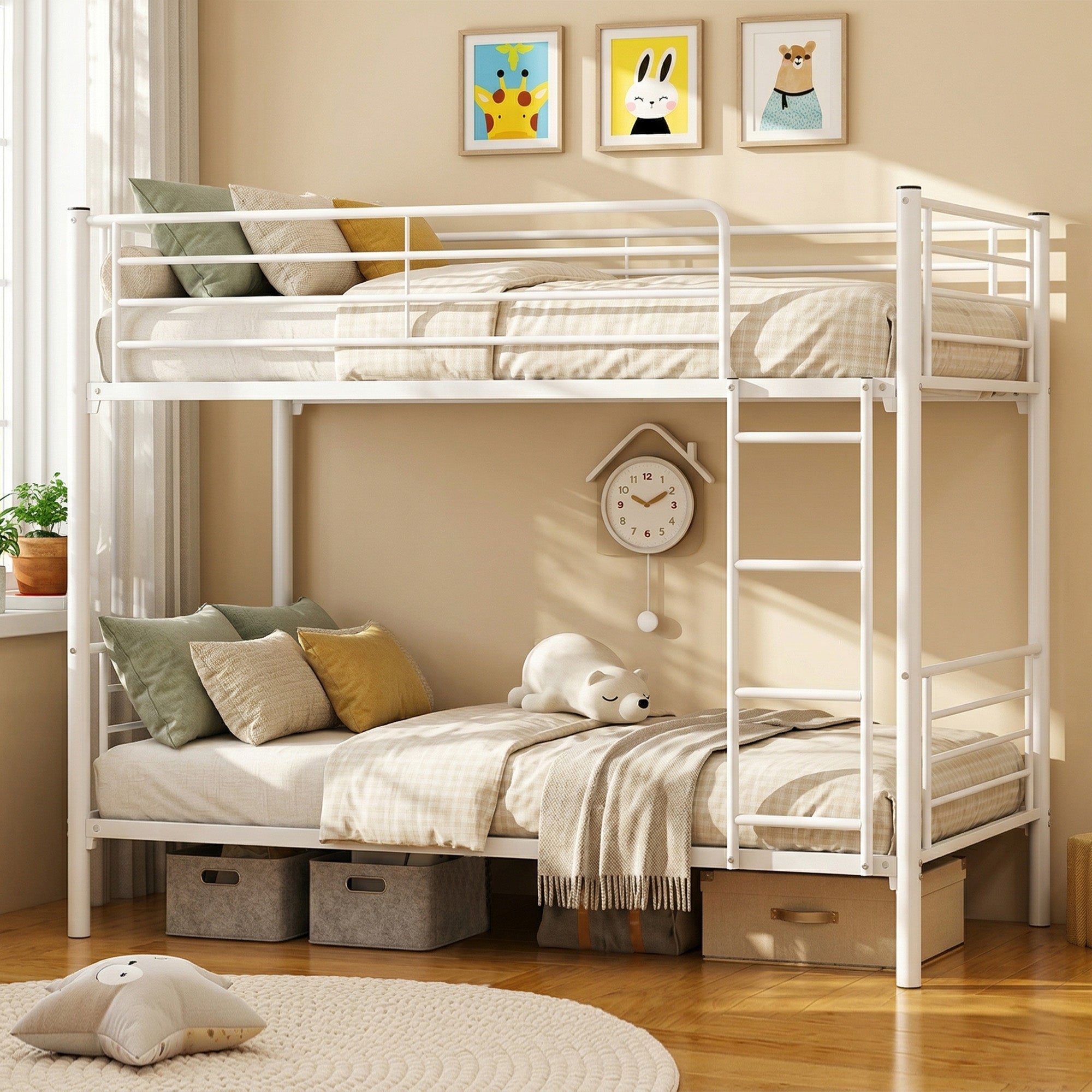 Uiowio Twin over Twin Metal Bunk Bed with Built-in Ladder & Safety Guardrail, Space-Saving Bunk Beds Frame with Storage for Bedroom & Dorm Room, Black
