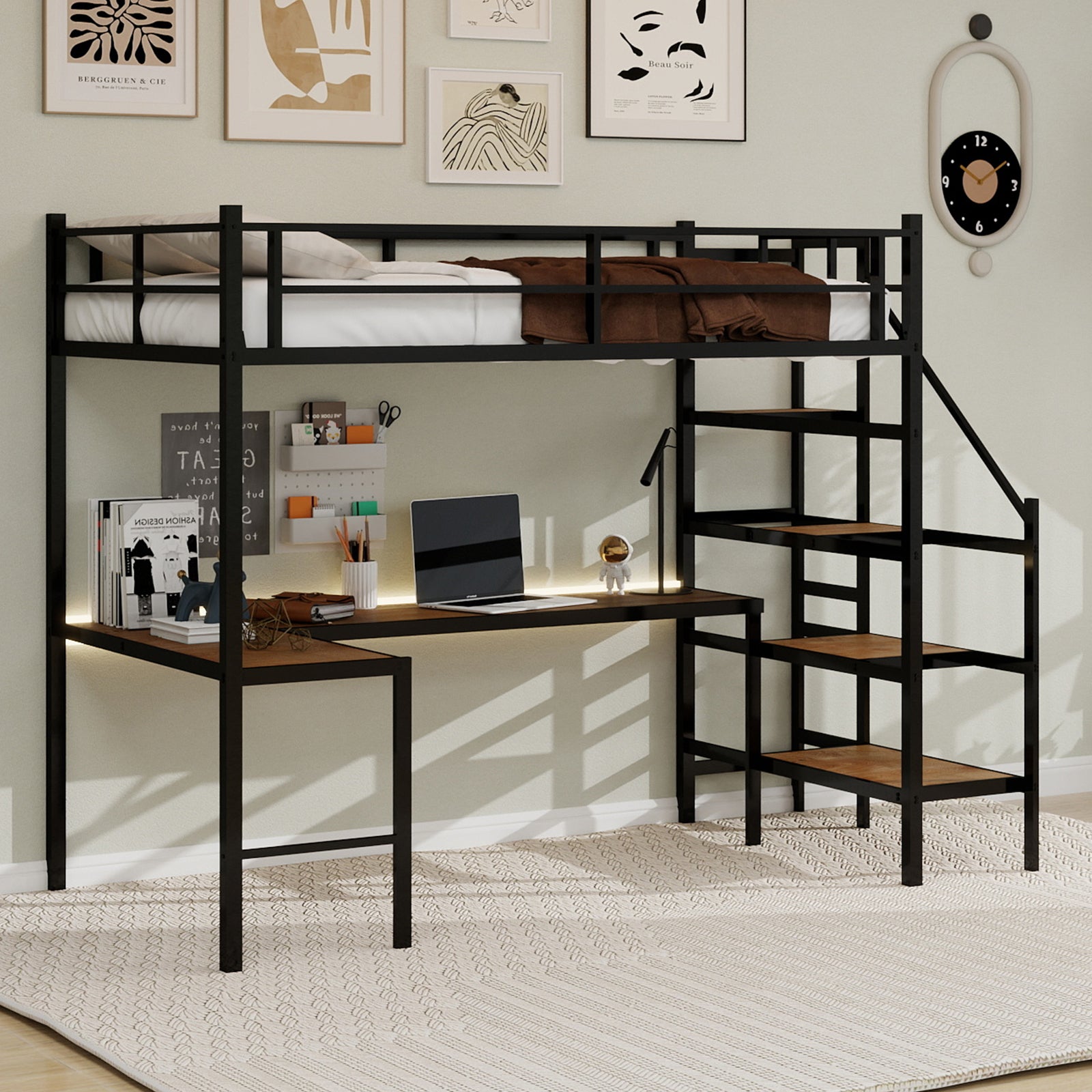 Uiowio Twin Loft Bed with L-Shaped Desk & Large Storage, Space-Saving Loft Bed Frame with Stairs & Continuous Guard Railing, Black