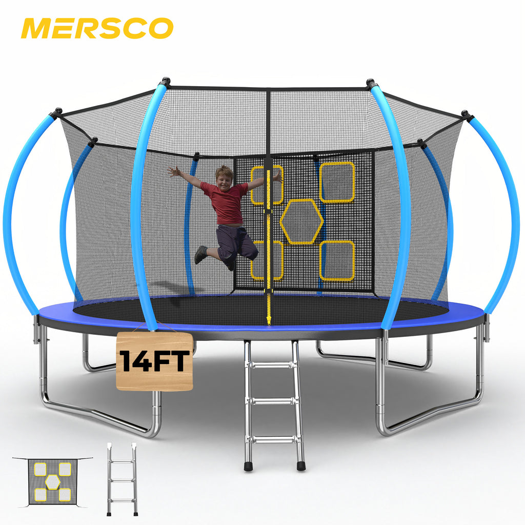 Mersco 14FT Trampoline for Kids with Mulifunctional Target Cloth,Outdoor Recreational Trampolines with Enclosure Net ,Ladder,Jumping Trampoline Space for Boys and Girls Birthday Festival Gifts,Blue
