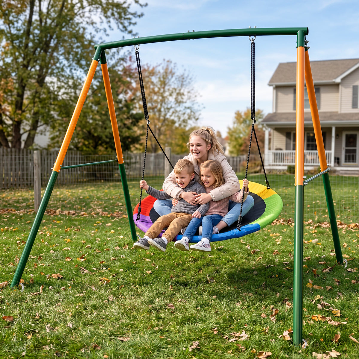 Kdymod 48" Saucer Swing Set, 900D Oxford Disc Seat, Heavy‑Duty Double A‑Frame Metal Swing Set for Backyard, Outdoor Playground for Kids 3‑10, Green