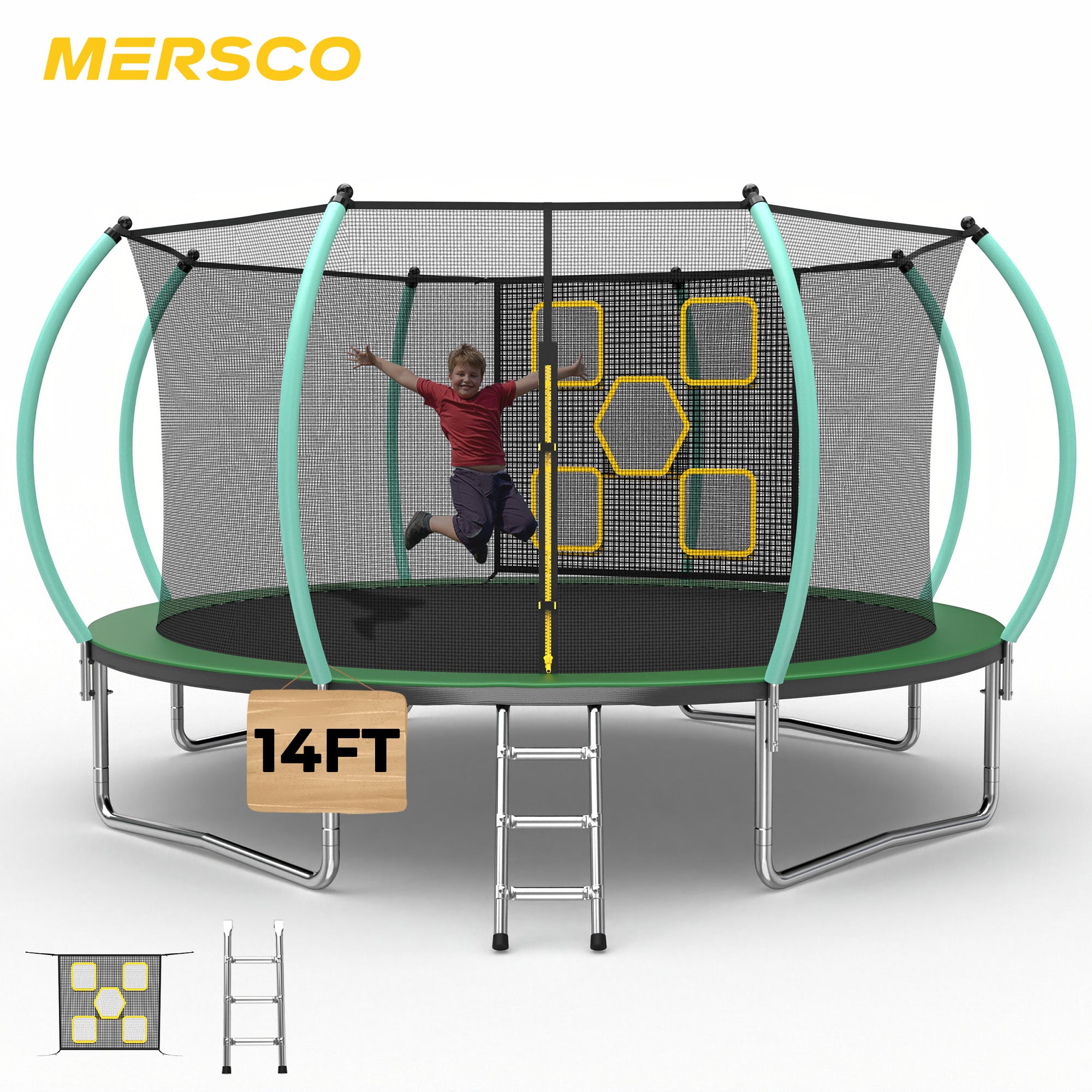 Mersco 14FT Trampoline for Kids with Mulifunctional Target Cloth,Outdoor Recreational Trampolines with Enclosure Net, Ladder for family Fun,Jumping Trampoline SPACE for Boys and Girls Birthday Gifts