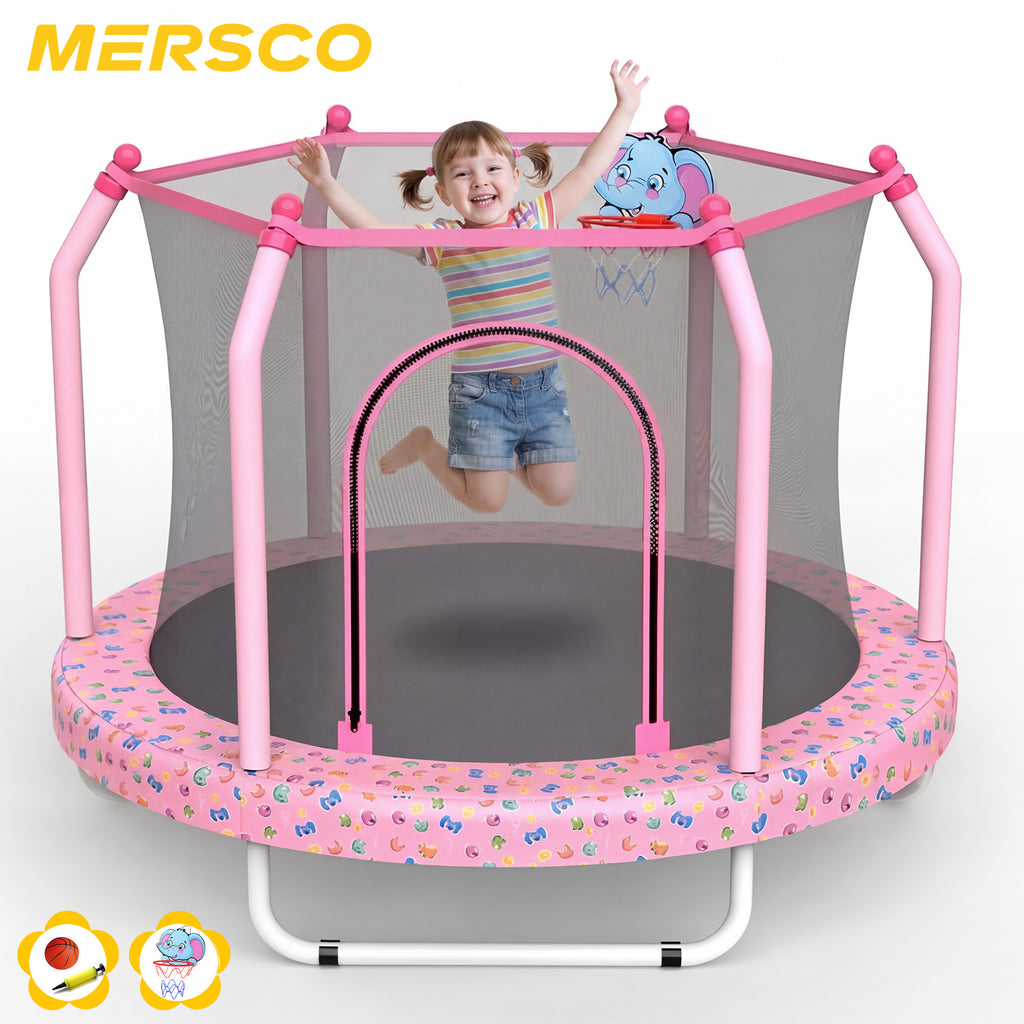 Mersco 55inch Toddler Trampoline, Mini Trampoline for Kids with Enclosure and Basketball Hoop,Indoor Outdoor Kids Trampoline Birthday Gifts, Pink