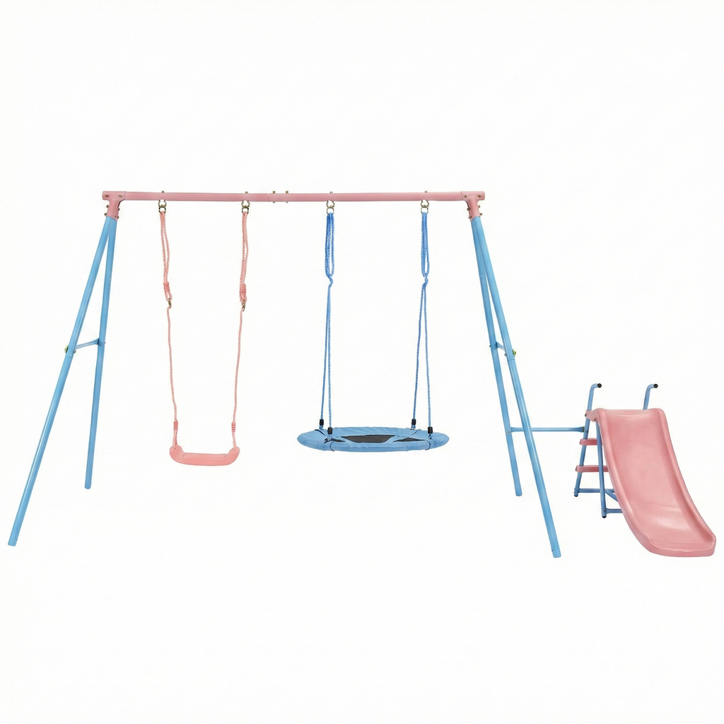 Mersco Baby Swing Set with Slide, 3-in-1 Outdoor Playset for Backyard with Flying Saucer & Classic Swing, Sturdy Metal Frame Playground Swing Set Toy for Kids,Pink