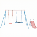 Mersco Baby Swing Set with Slide, 3-in-1 Outdoor Playset for Backyard with Flying Saucer & Classic Swing, Sturdy Metal Frame Playground Swing Set Toy for Kids,Pink