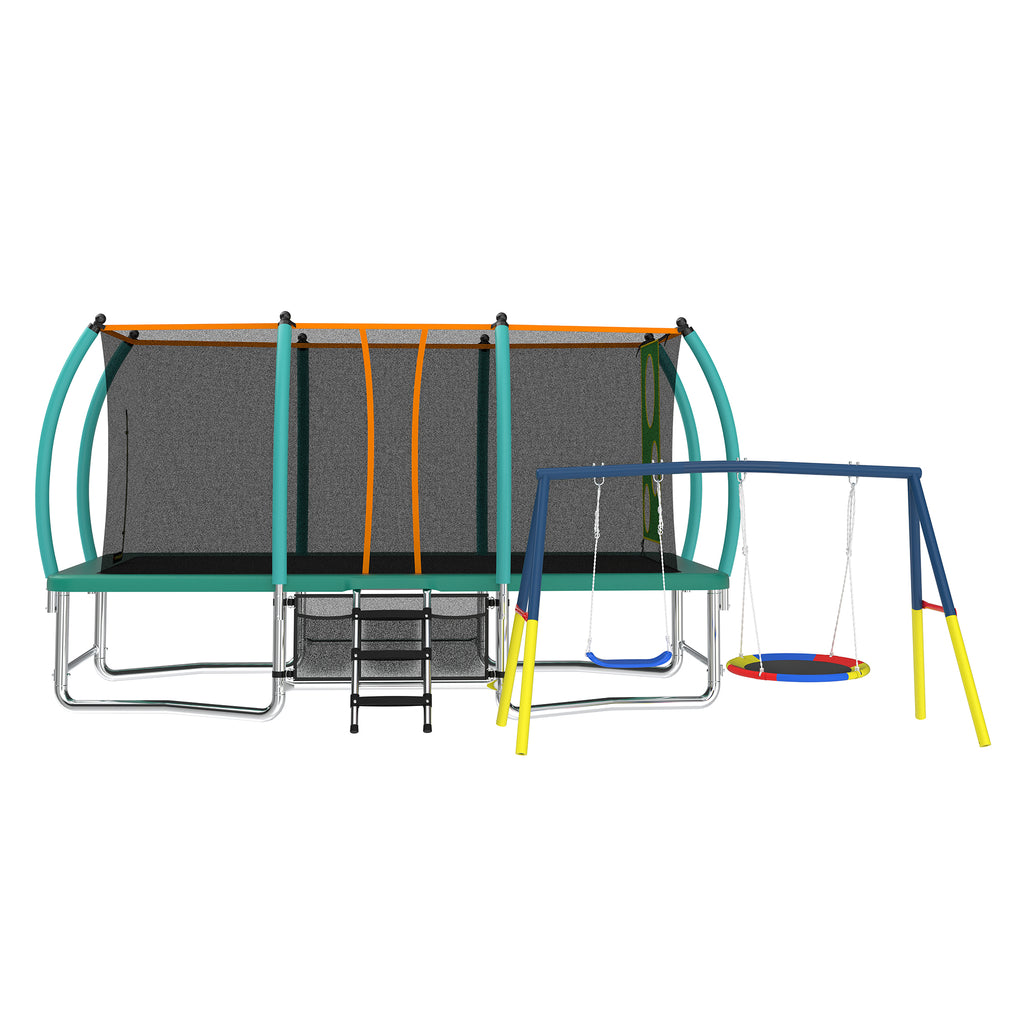 Mersco 8x14FT 4-in-1 Trampoline with Swing Set , Enclosure Net, Recreational Trampoline, Outdoor Kids Trampoline for Backyard, Beach, Birthday Gifts,Green