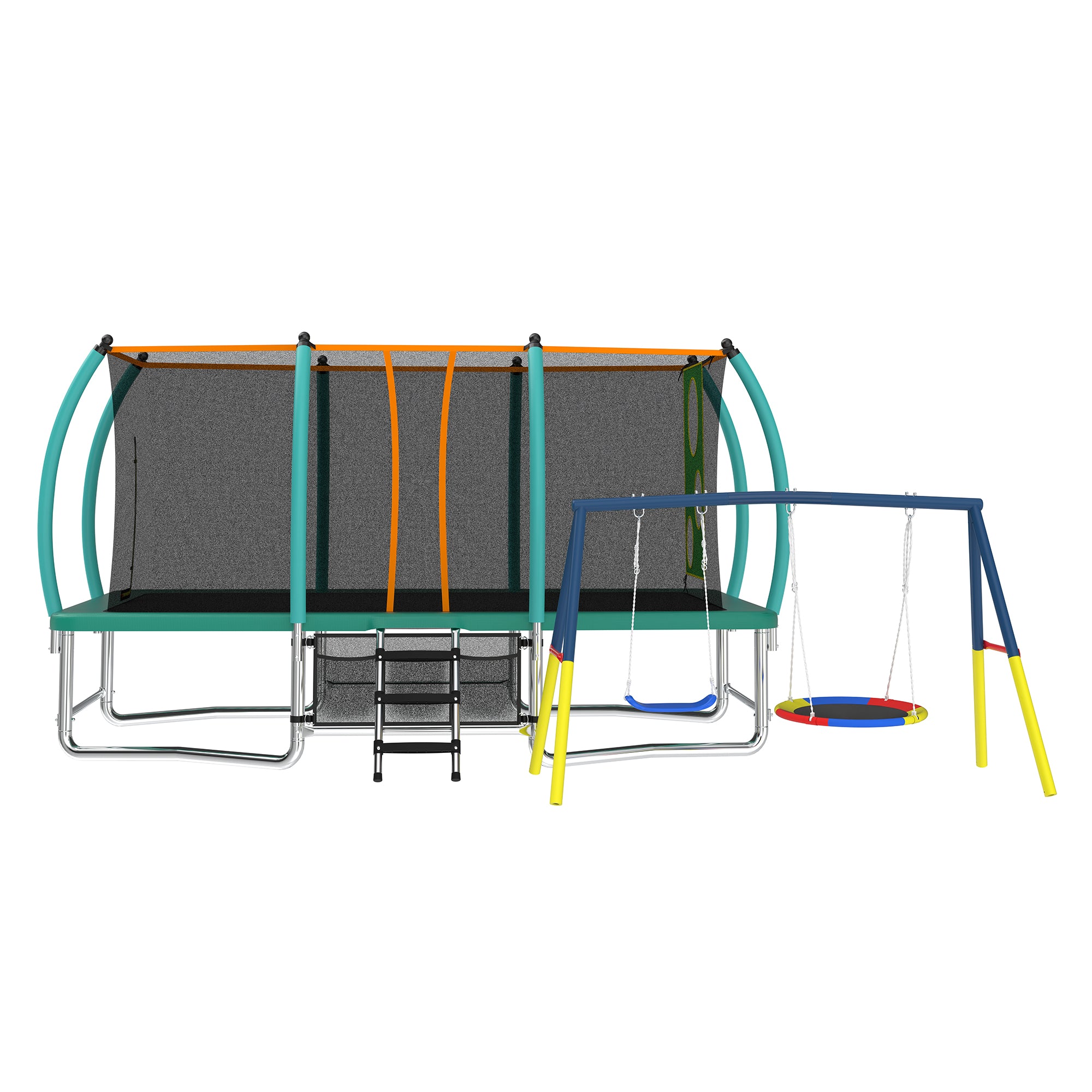 Mersco 8x14FT 4-in-1 Trampoline with Swing Set , Enclosure Net, Recreational Trampoline, Outdoor Kids Trampoline for Backyard, Beach, Birthday Gifts,Green