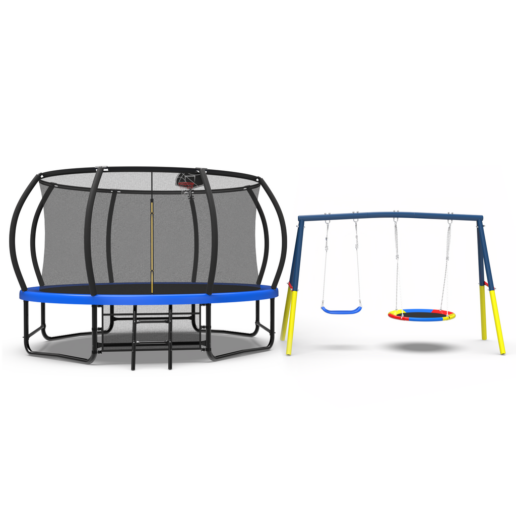 Mersco 12FT Heavy Duty Trampoline with Enclosure Net , Swing Set Outdoor Big Trampoline for Backyard, Kids Trampoline with Basketball Hoop,Kids Birthday and Festival Gifts, Blue