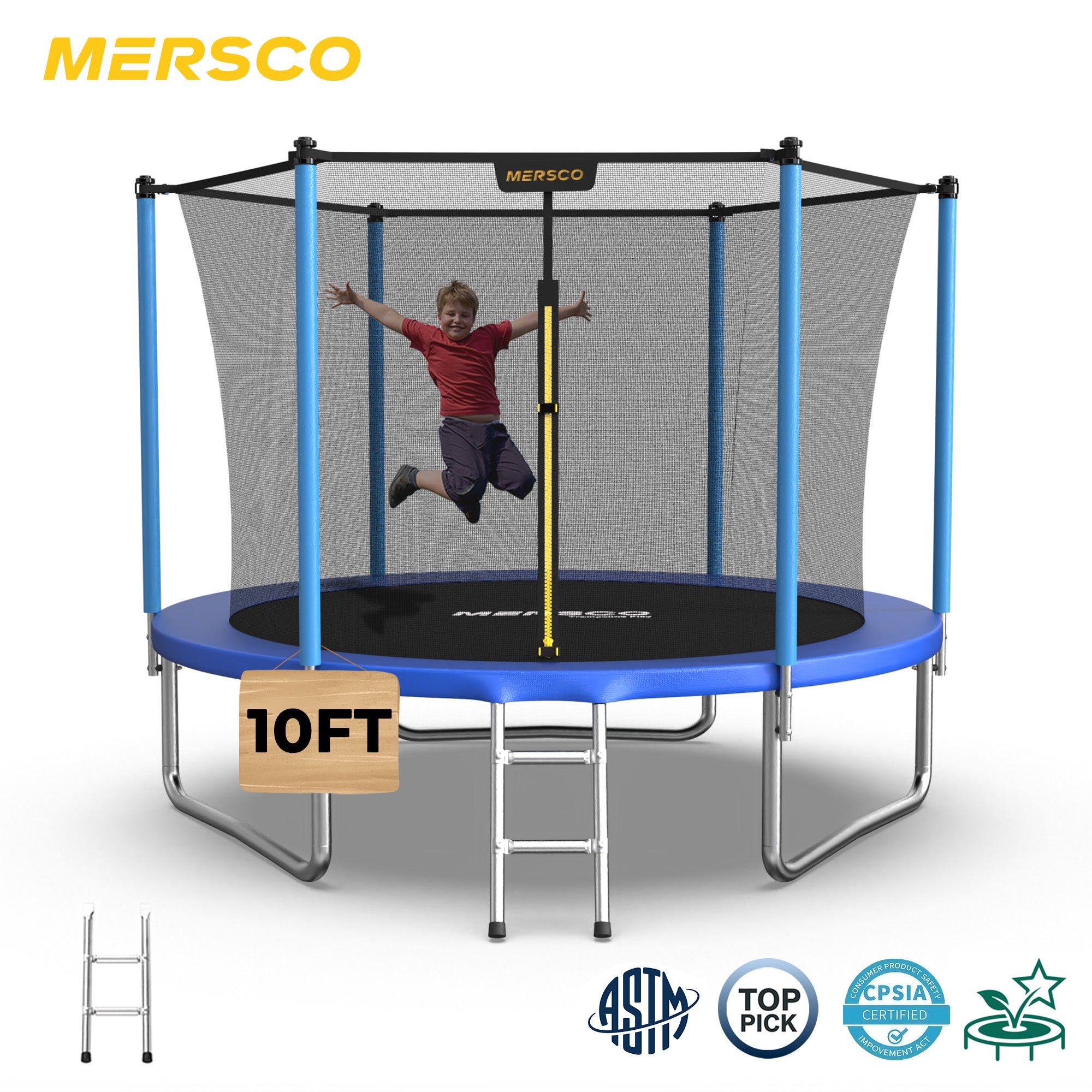 Mersco 10ft Trampoline for Kids,Outdoor Trampoline with Enclosure Net and Ladder,Upright-Poled Backyard Trampoline PLAY for Family Fun,Jumping Trampoline fo Birthday Gifts,Blue
