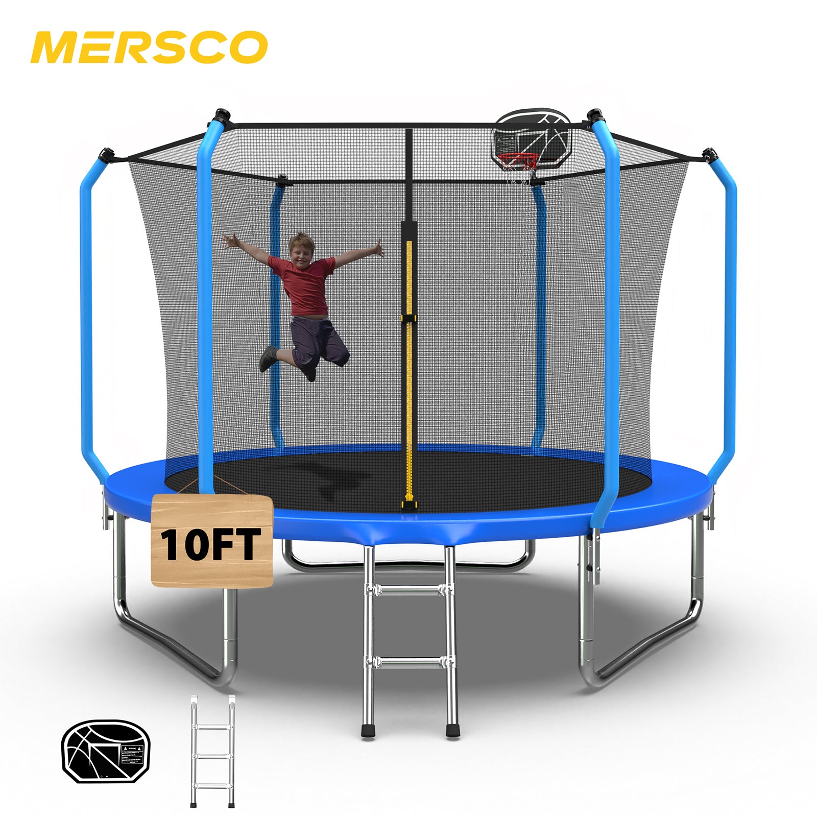 Mersco 10ft Trampoline for Kids and Adults,No-Gap Design Outdoor Trampoline with Basketball Hoop,Enclosure Net and Ladder,Jumping Trampoline SUPER for Boys and Girls Birthday Gift,Blue