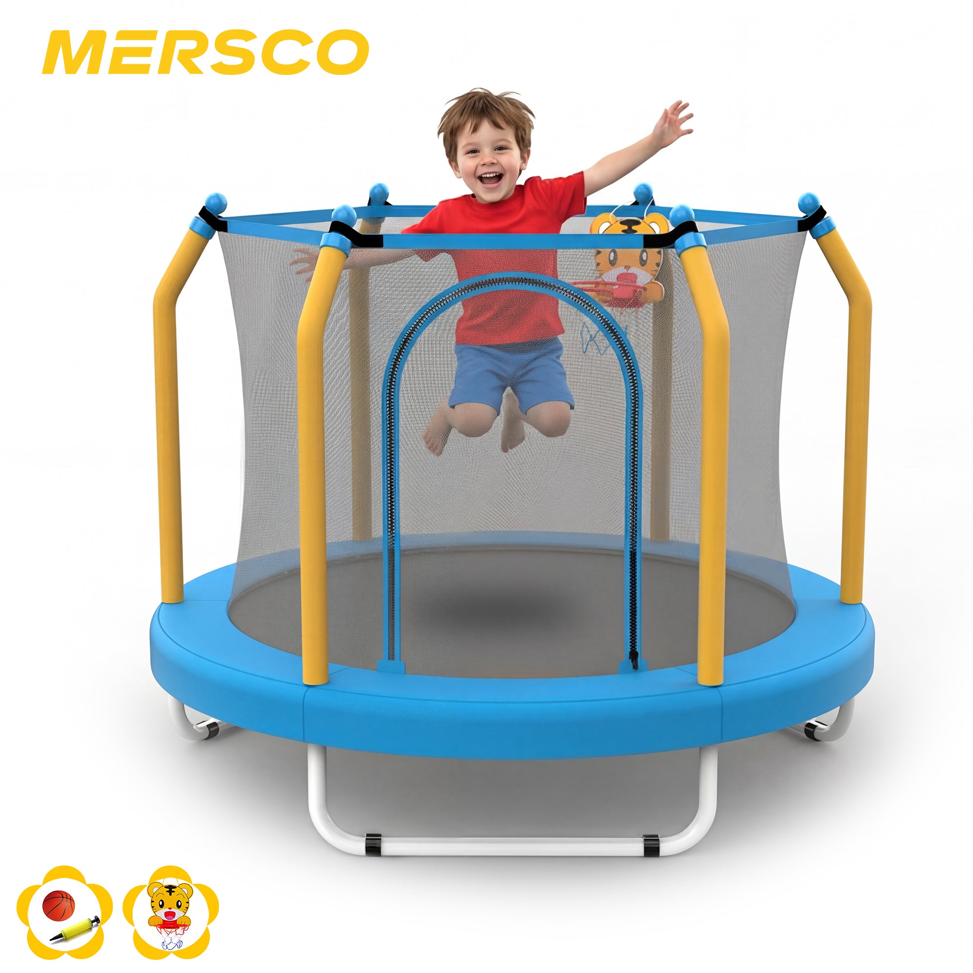 Mersco 55inch Kids Trampoline for Toddlers, Indoor and Outdor Toddler Trampoline with Safety Net, Mini Small Children Trampolines with Basketball Hoop,Baby Toys Gifts for Boys Girls, Birthday, Blue