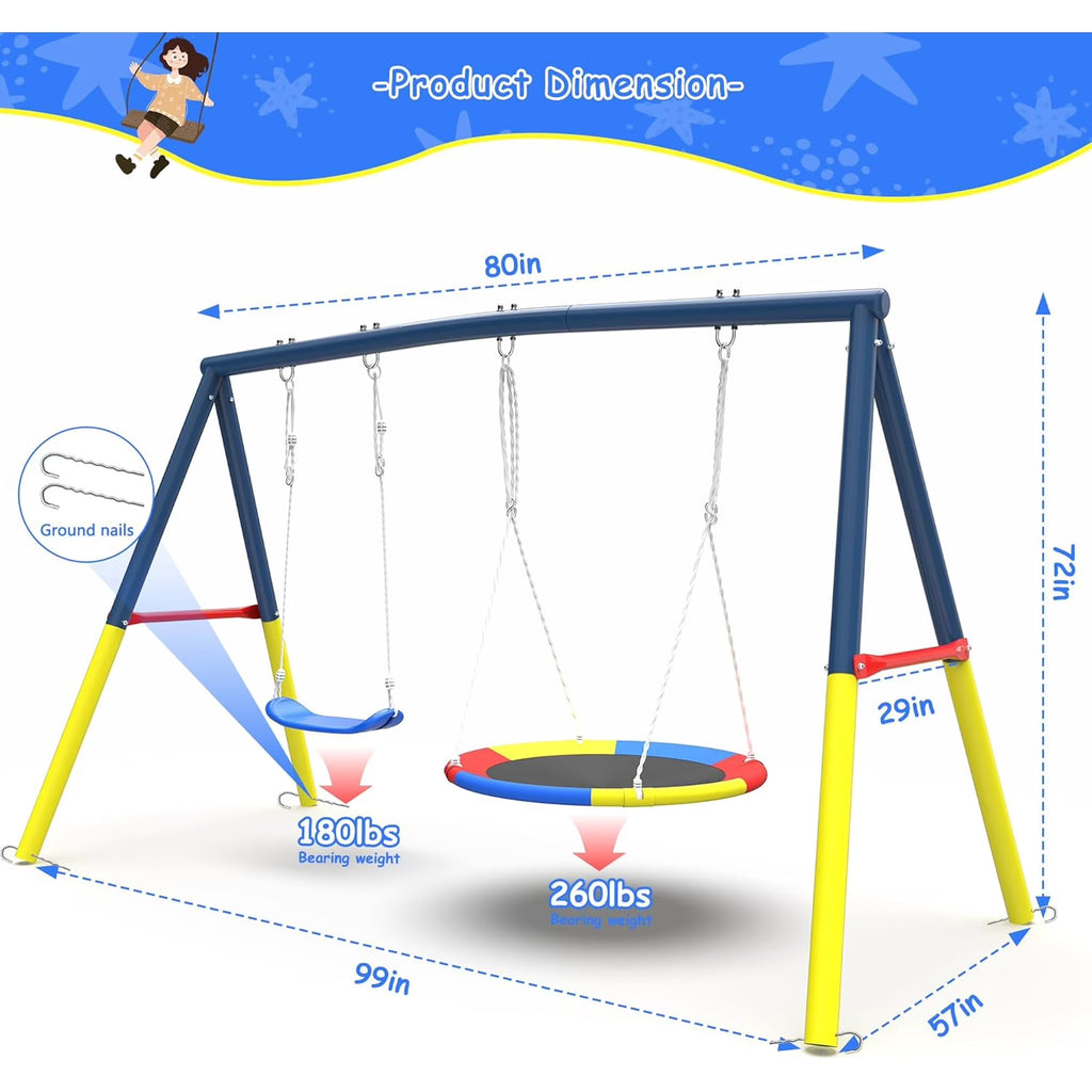 Kdymod Heavy Duty 440lbs Double Swing Set with Stand, Metal A-Frame Swing Set for Backyard, Includes 32" Saucer Disc & 26.2" Belt Seat, Outdoor Playset for Playground