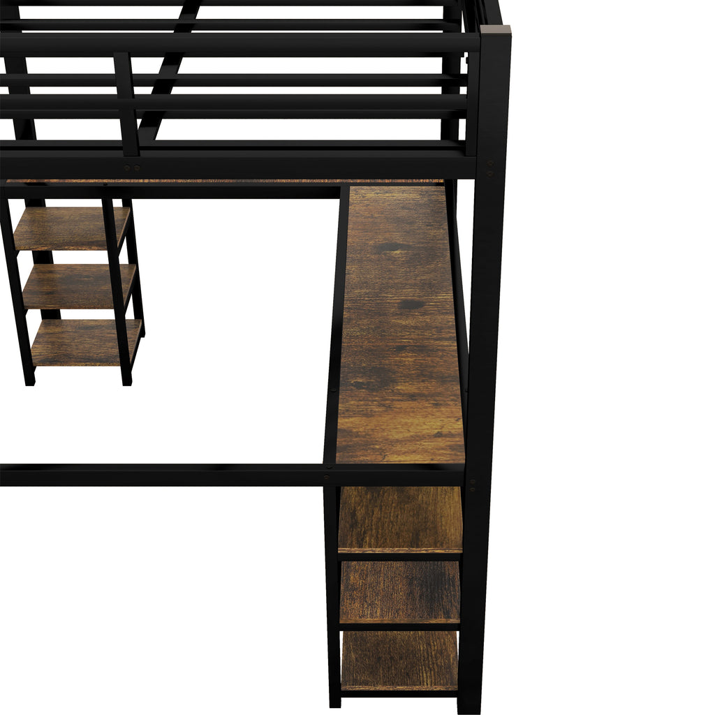 Uiowio Full XL Metal Loft Bed with L-Shaped Desk Underneath & 6 Shelves & Storage, Space-Saving Bed Frame with Built-in Ladder & Safety Guardrail, for Teens