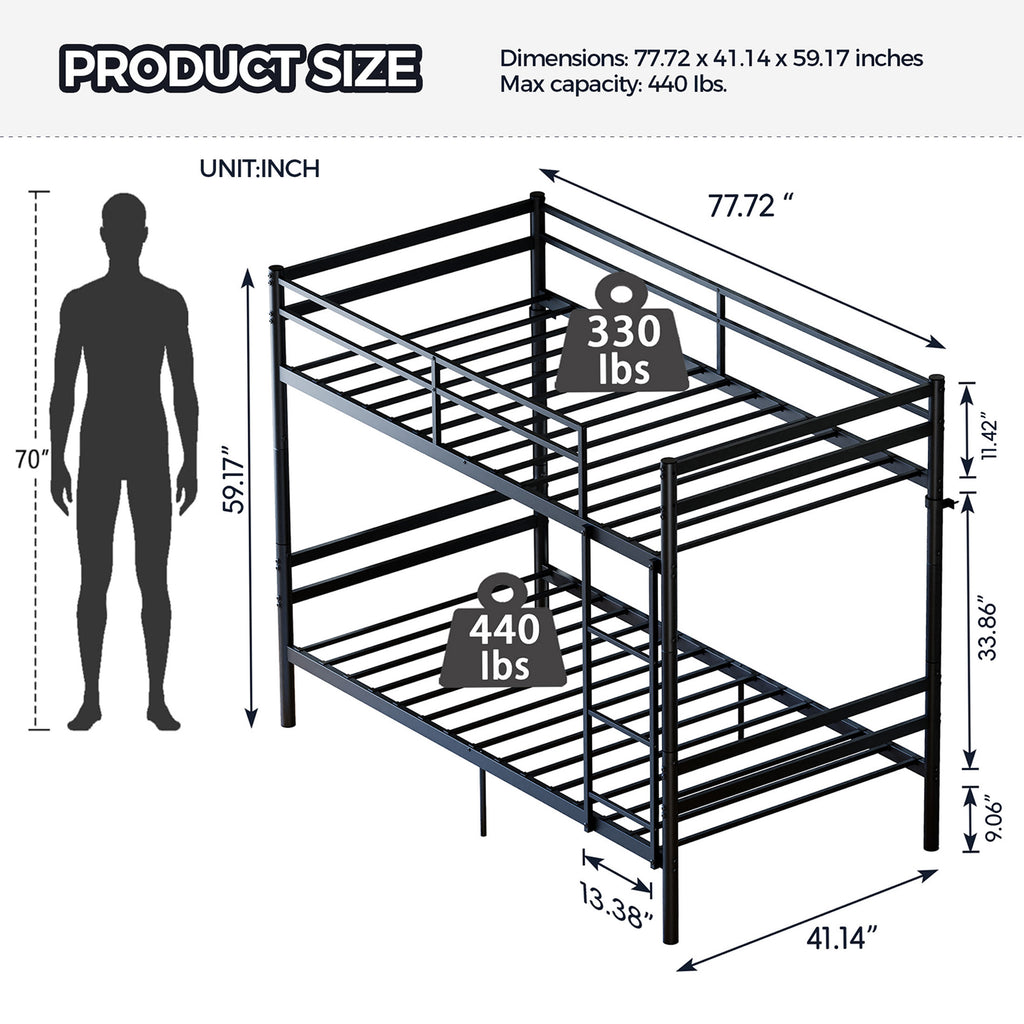 Kdymod Twin over Twin Metal Bunk Bed with Convertible 2-in-1 Design, Metal Bunk Bed Frame with Ladder & Safety Guardrail, Space-Saving for Teens and Adults, Black