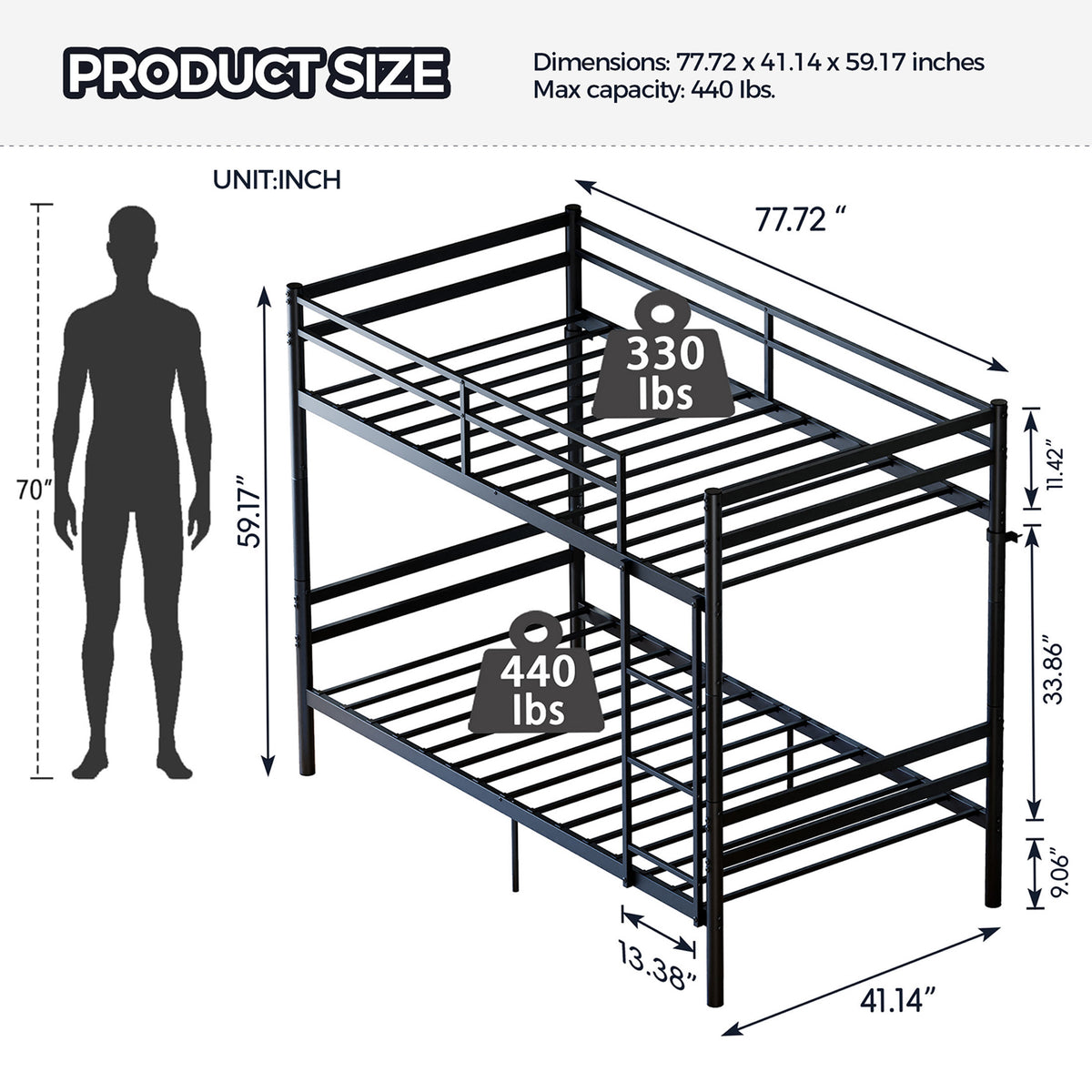 Kdymod Twin over Twin Metal Bunk Bed with Convertible 2-in-1 Design, Metal Bunk Bed Frame with Ladder & Safety Guardrail, Space-Saving for Teens and Adults, Black
