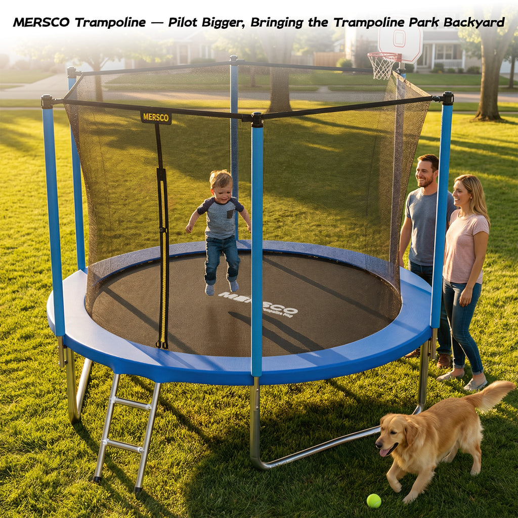 Mersco 10ft Trampoline for Kids,Outdoor Trampoline with Enclosure,Basketball Hoop and Ladder,Upright-Poled Backyard Trampoline PLAY for Family Fun,Jumping Trampoline fo Birthday Gifts,Blue