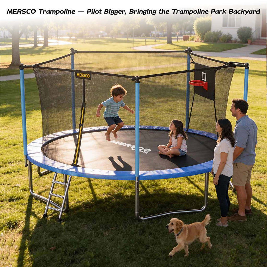 Mersco 14ft Trampoline Upgraded for Kids and Adults, Backyard Trampoline with Basketball Hoop and Enclosure Net,Jumping Trampoline PLAY for Boys and Girls Birthday Gift, Blue