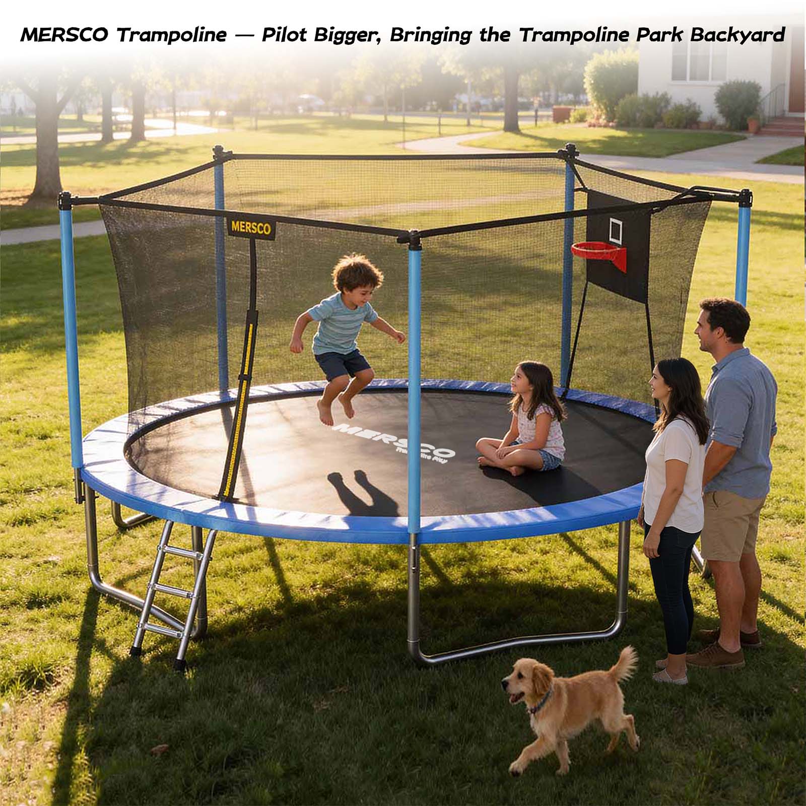Mersco 14ft Trampoline Upgraded for Kids and Adults, Backyard Trampoline with Basketball Hoop and Enclosure Net,Jumping Trampoline PLAY for Boys and Girls Birthday Gift, Blue