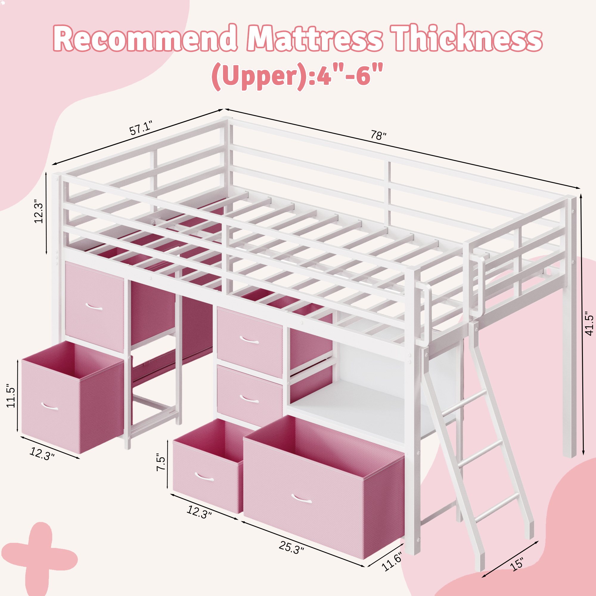 Kdymod Full Loft Bed with 6 Storage Drawers & Shelf, Loft Bed with LED Lights & Play Curtain, Metal Loft Bed Frame with Ladder & Safety Guardrail, Pink