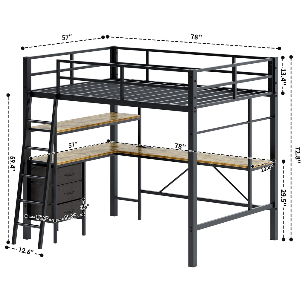 Uiowio Full Metal Loft Bed Frame with L-Shaped Desk & LED Lights & Charging Station, Loft Bed with 3 Fabric Drawers & 2 Storage Shelves, Safety Guard & Stairs, Black