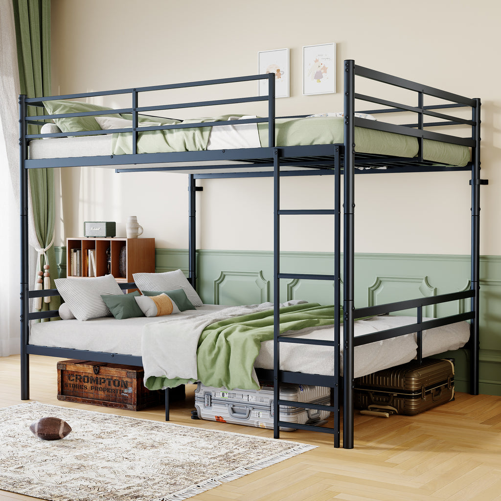 Kdymod Queen over Queen Metal Bunk Bed with Storage, Converts to 2 Separate Beds, Heavy-Duty & Space-Saving Bed Frame with Built-in Ladder & Safety Guardrail, Black