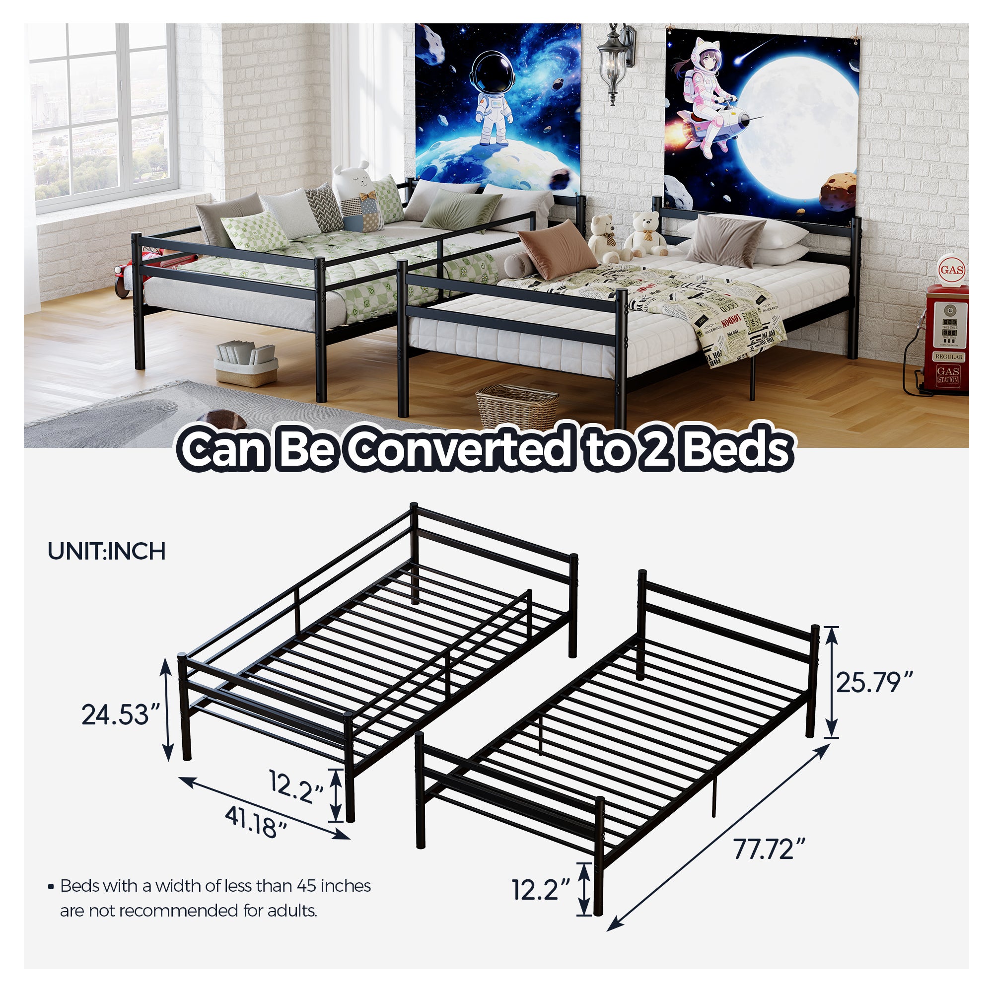 Kdymod Twin over Twin Metal Bunk Bed with Storage Drawers, Heavy Duty Bed Frame Converts to 2 Separate Beds with Safety Guardrail & Entrance & Built-in Ladder, Black
