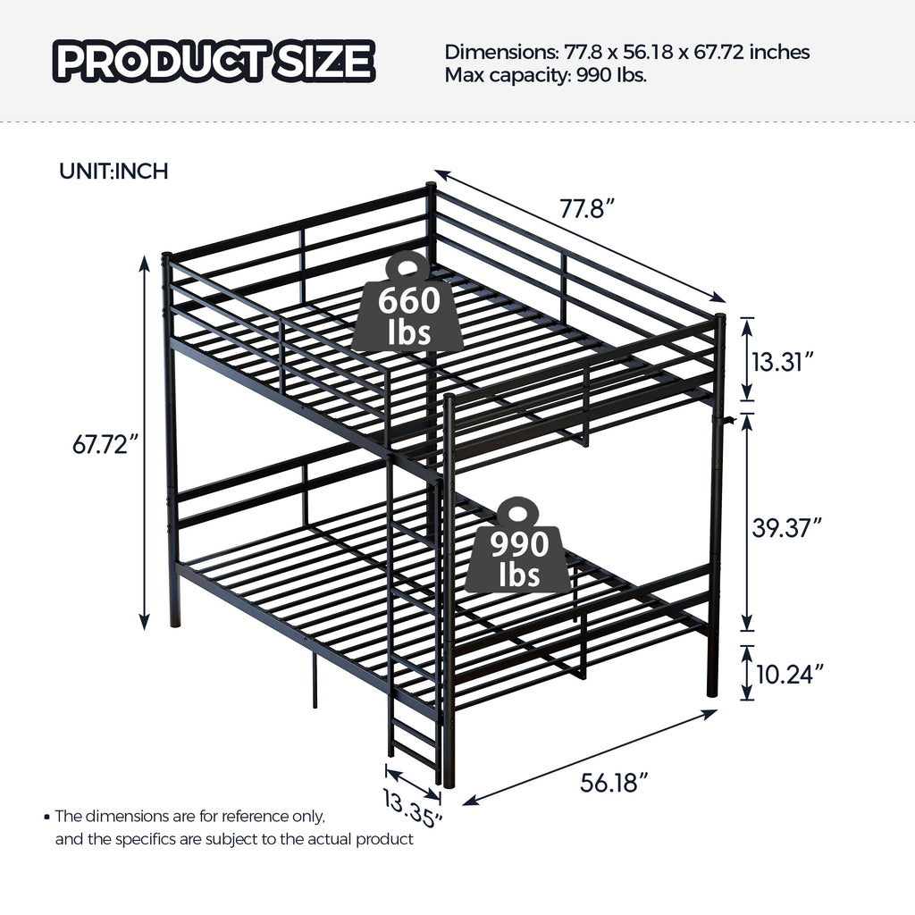 Kdymod Full over Full Metal Bunk Bed with Storage, Converts to 2 Separate Beds, Heavy-Duty & Space-Saving Bed Frame with Built-in Ladder & Safety Guardrail, Black
