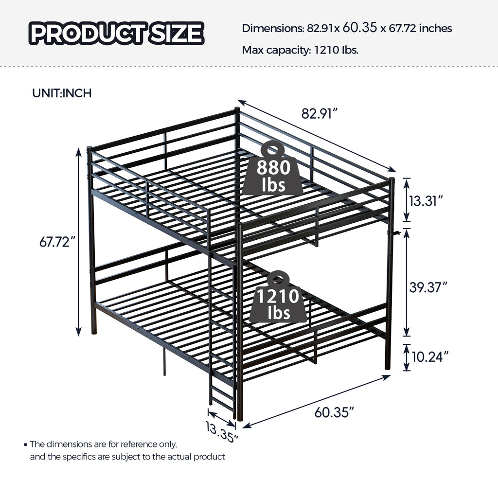 Kdymod Queen over Queen Metal Bunk Bed with Storage, Converts to 2 Separate Beds, Heavy-Duty & Space-Saving Bed Frame with Built-in Ladder & Safety Guardrail, Black