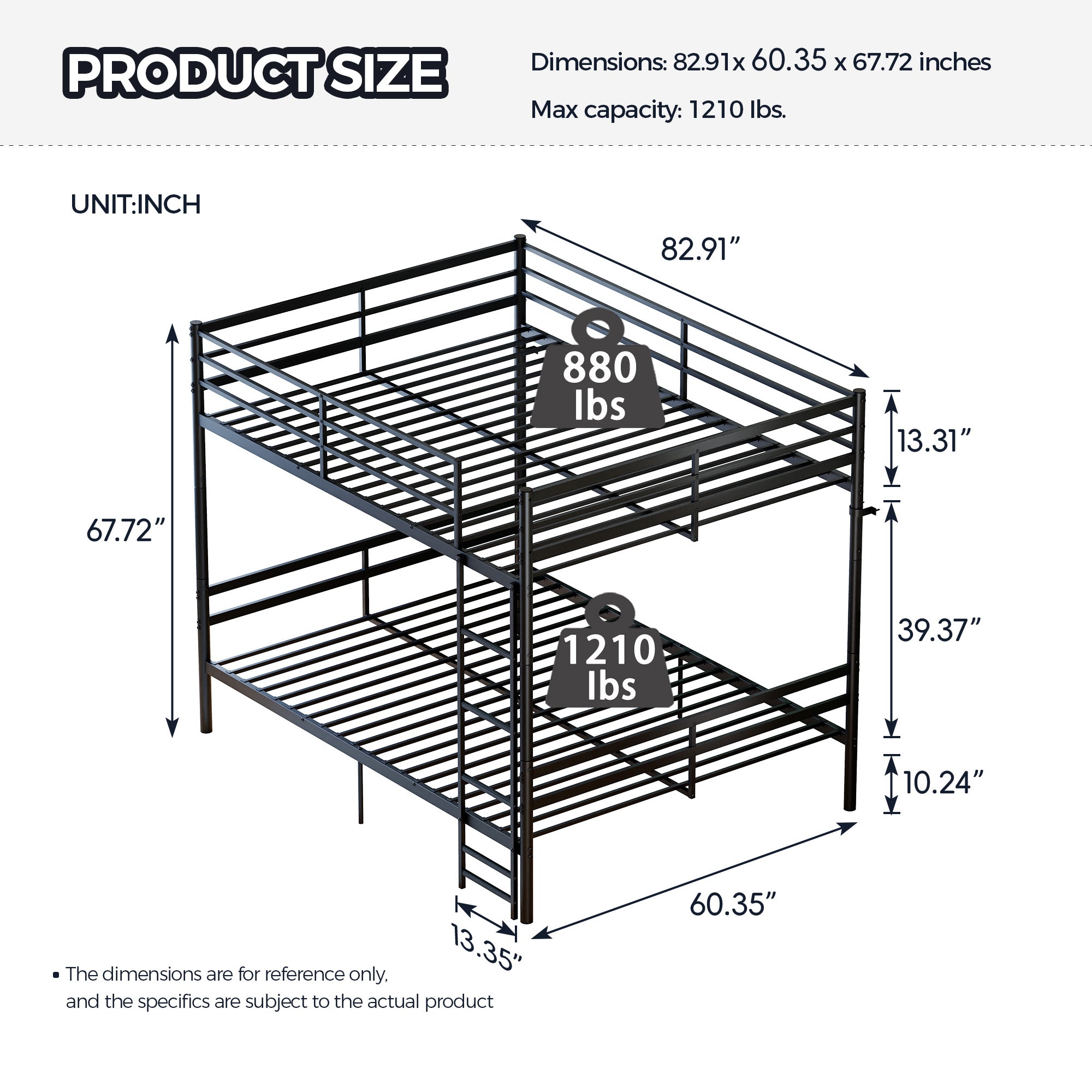 Kdymod Queen over Queen Metal Bunk Bed with Storage, Converts to 2 Separate Beds, Heavy-Duty & Space-Saving Bed Frame with Built-in Ladder & Safety Guardrail, Black