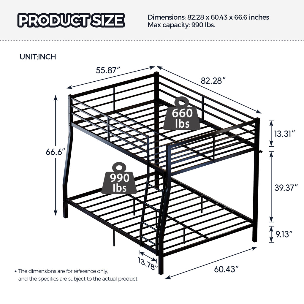 Netrum Full over Queen Bunk Bed for Teens Adults,Heavy Duty Metal Bunk Beds Frame, with Ladder & Storage,Full Bunk Bed with Safe Guardrail, No Box Spring Needed
