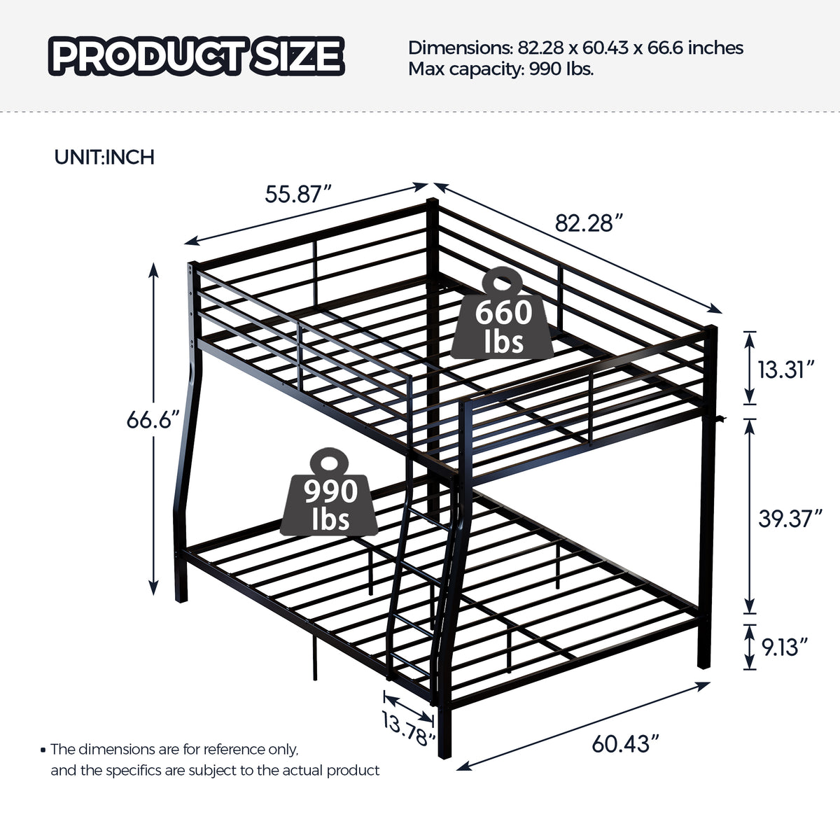 Netrum Full over Queen Bunk Bed for Teens Adults,Heavy Duty Metal Bunk Beds Frame, with Ladder & Storage,Full Bunk Bed with Safe Guardrail, No Box Spring Needed