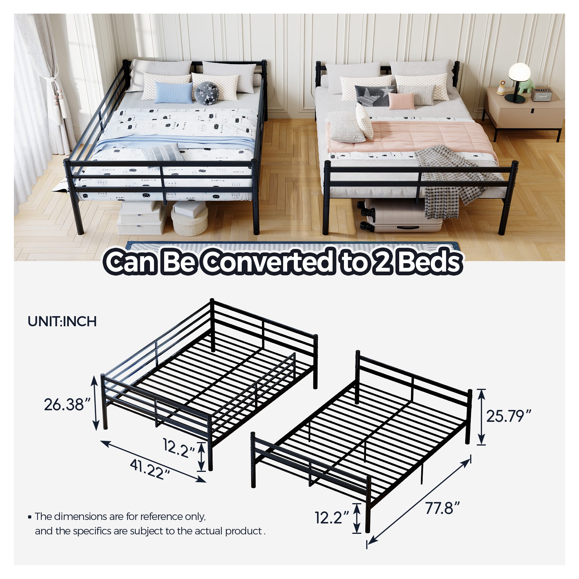 Kdymod Twin over Twin Metal Bunk Bed with Storage, Converts to 2 Separate Beds, Heavy-Duty & Space-Saving Bed Frame with Built-in Ladder & Safety Guardrail, Black