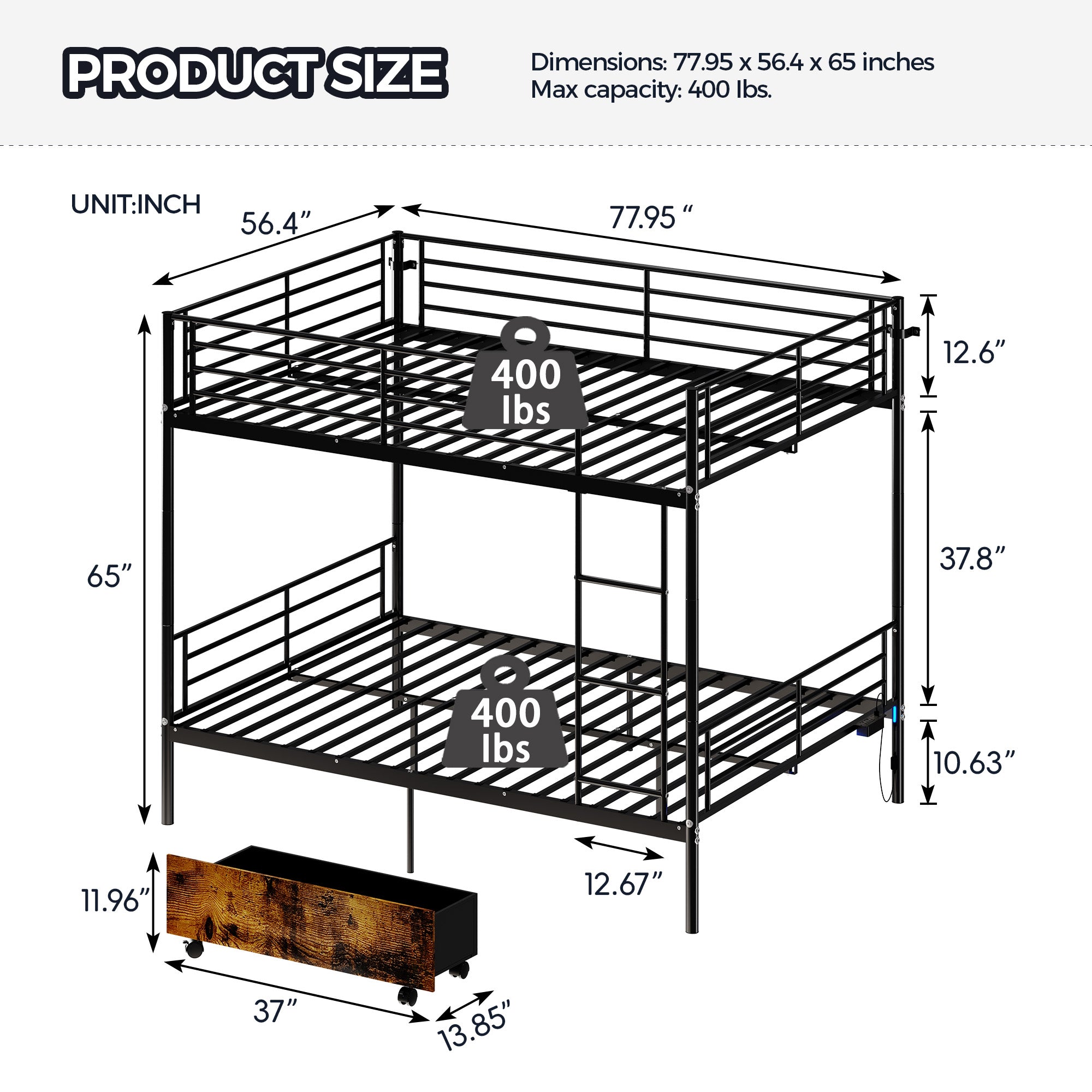 Kdymod Full over Full Metal Bunk Bed with Storage Drawers, Heavy Duty Bed Frame Converts to 2 Separate Beds with Safety Guardrail & Built-in Ladder, LED Lights & Charging Station, Black