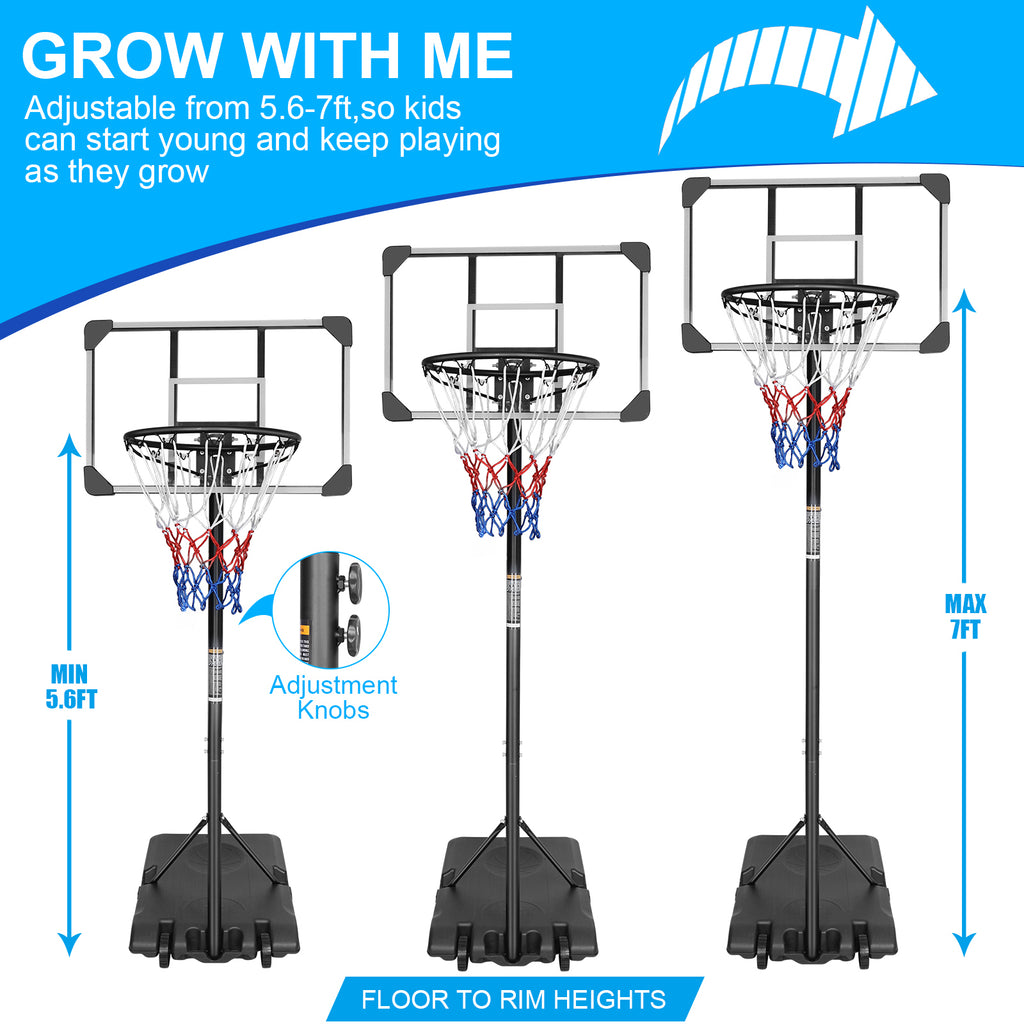 Mersco Portable Basketball Hoop5.6-7FT Height Adjustable System for Kids/Adults,Portable Basketball Goal with 28in Shatterproof Backboard Stable Base and Wheels for Outdoor/Indoor Sports