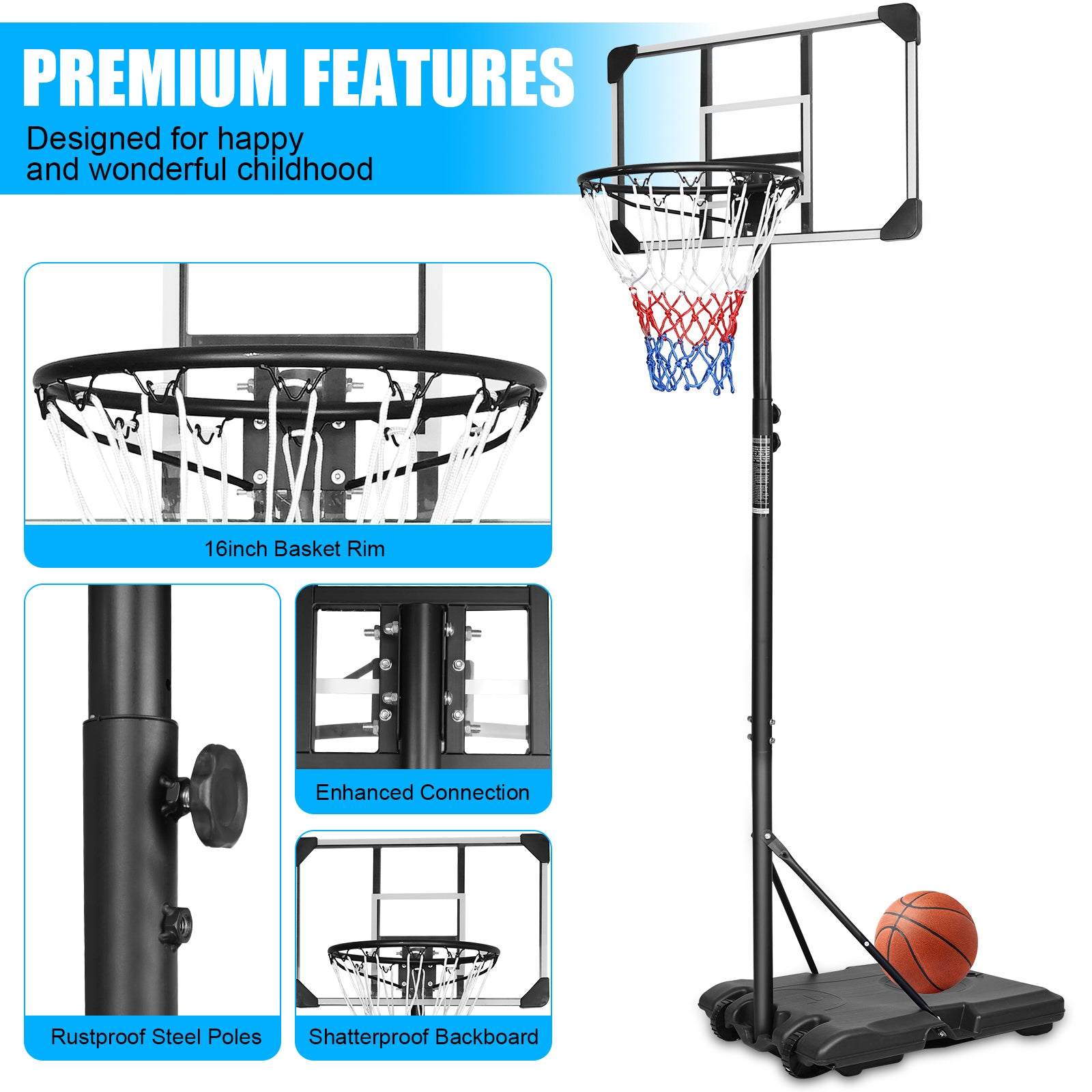 Mersco Portable Basketball Hoop5.6-7FT Height Adjustable System for Kids/Adults,Portable Basketball Goal with 28in Shatterproof Backboard Stable Base and Wheels for Outdoor/Indoor Sports