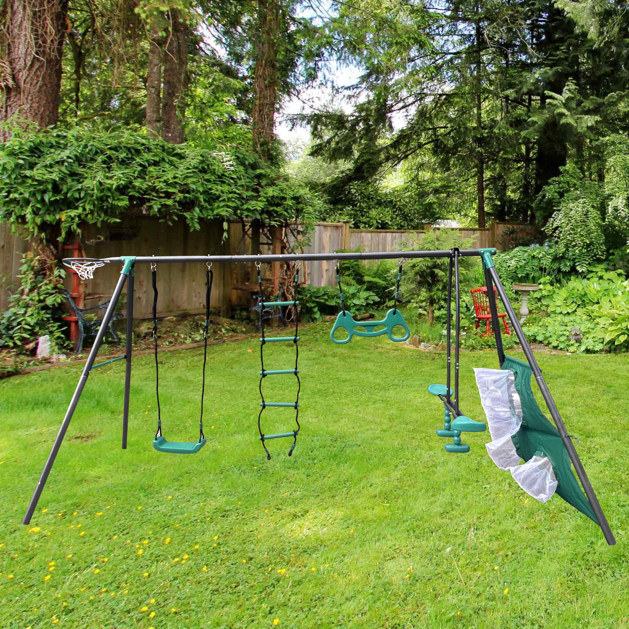 Mersco 6 in 1 Kids Metal Swing Seat for Backyard, Heavy-Duty Outdoor Playsets for Playground ,Outside Toys with Teeter-Totter,Climbing Net,Trapeze Bar,basketball hoop, soccer net for Aged 3+
