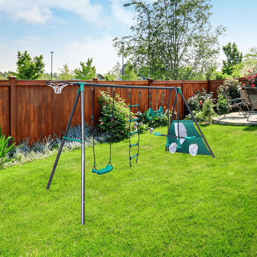 Mersco 6 in 1 Kids Metal Swing Seat for Backyard, Heavy-Duty Outdoor Playsets for Playground ,Outside Toys with Teeter-Totter,Climbing Net,Trapeze Bar,basketball hoop, soccer net for Aged 3+