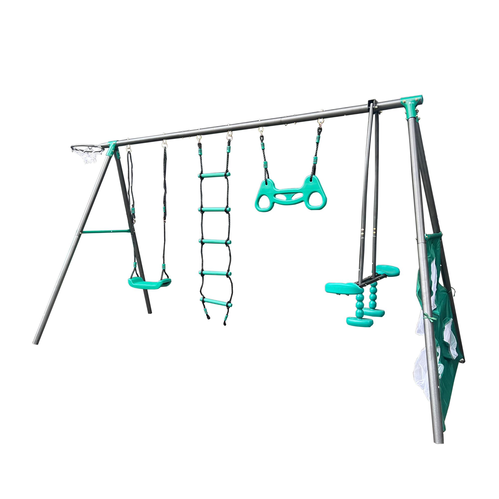 Mersco 6 in 1 Kids Metal Swing Seat for Backyard, Heavy-Duty Outdoor Playsets for Playground ,Outside Toys with Teeter-Totter,Climbing Net,Trapeze Bar,basketball hoop, soccer net for Aged 3+